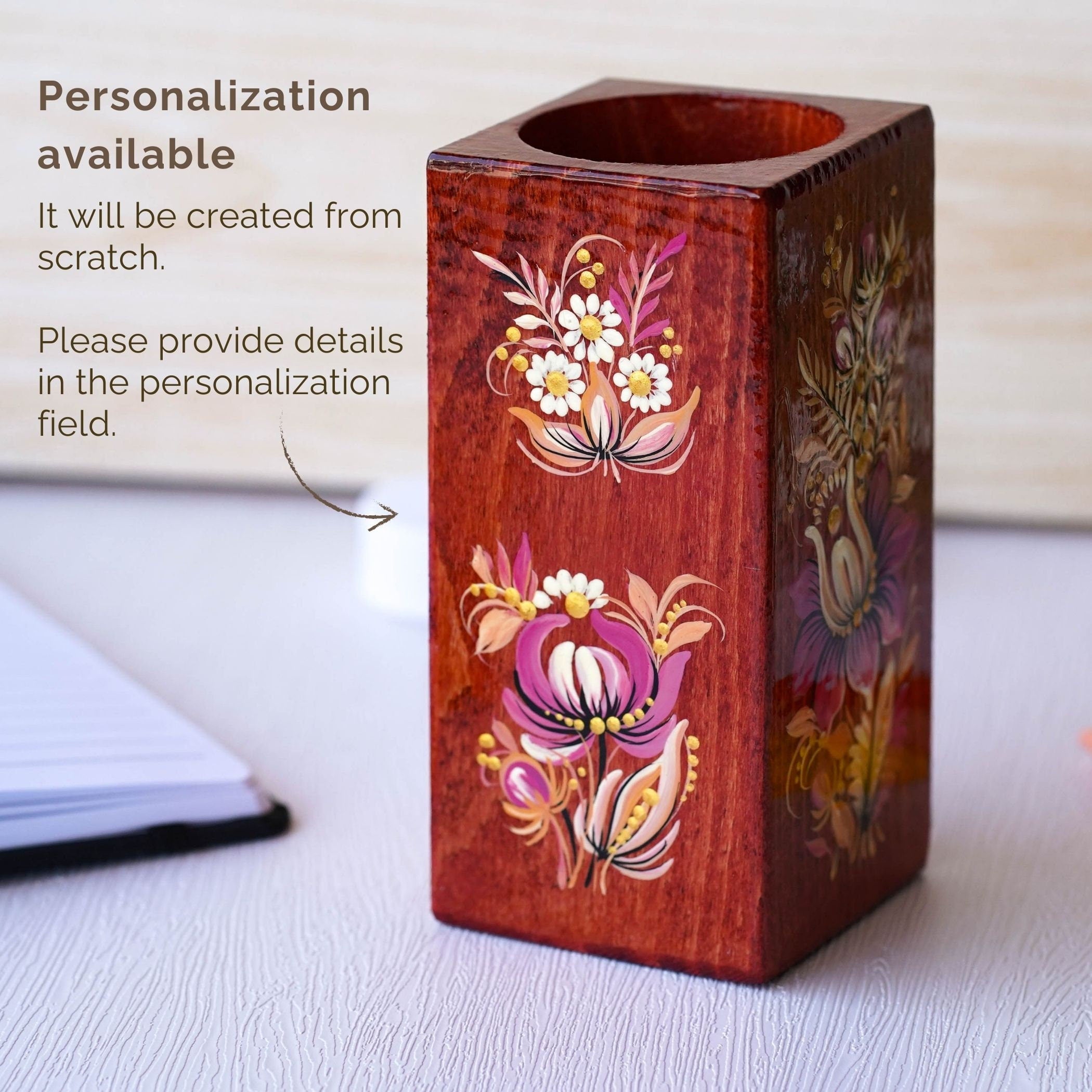 Personalized Wooden Pencil Holder - Handmade Pen Holder Pink Flower, Painted Ukrainian Petrykivka Art Desk Accessories, Wooden Pencil Cup