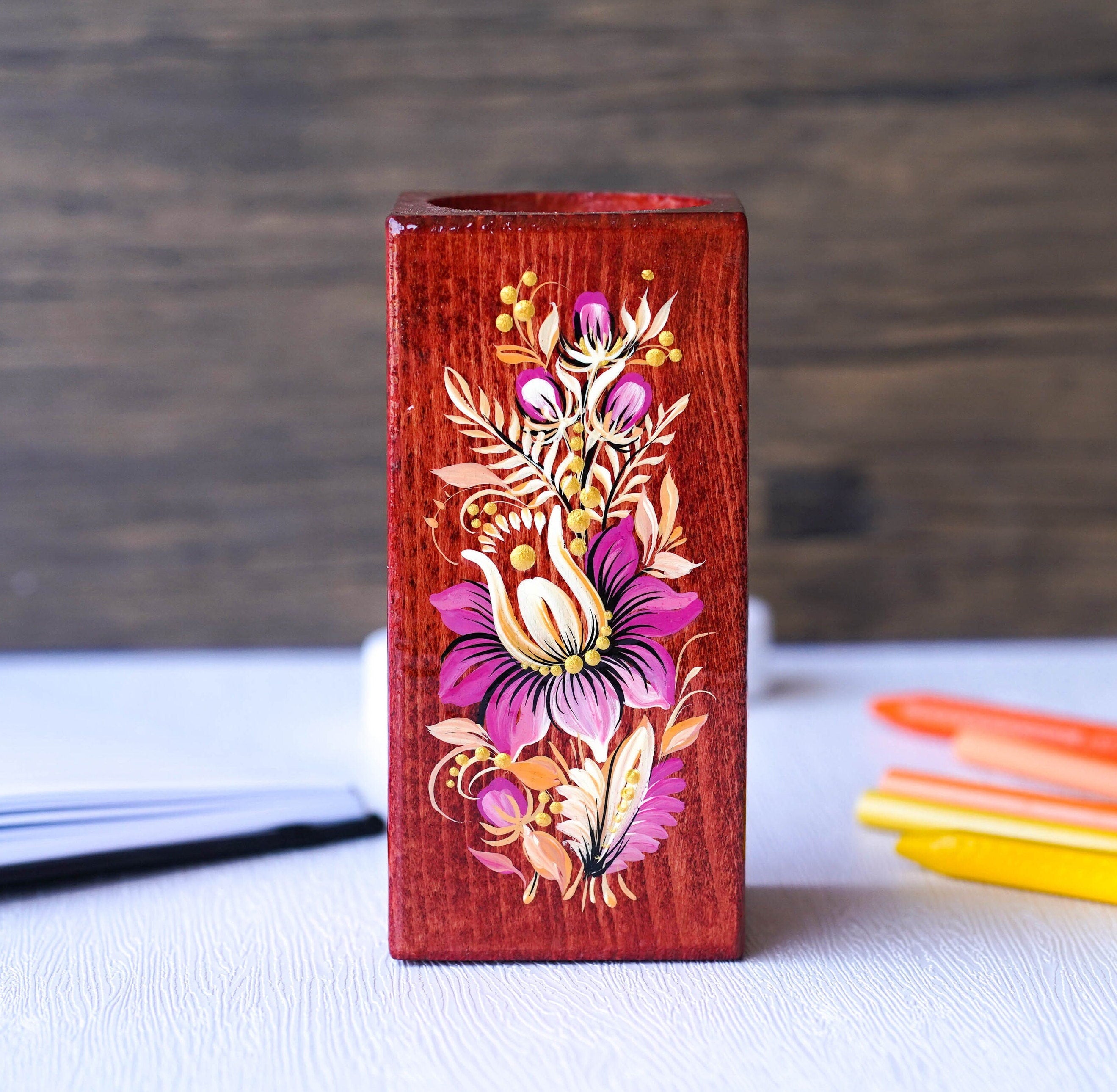 Personalized Wooden Pencil Holder - Handmade Pen Holder Pink Flower, Painted Ukrainian Petrykivka Art Desk Accessories, Wooden Pencil Cup