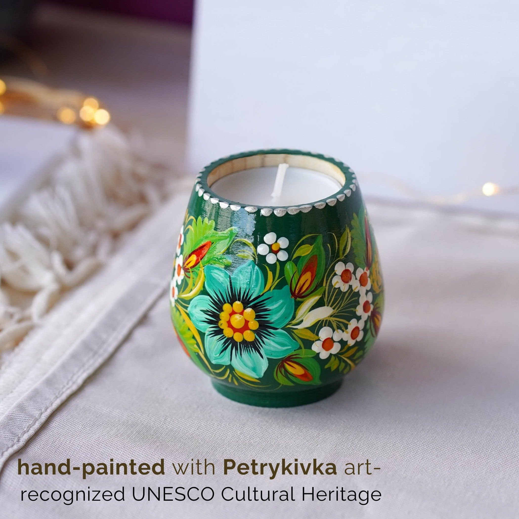 Ukrainian Painted Wooden Tea Light Candle Holder, Handmade Petrykivka Candle Holder, Emereld Green Flower Candle Holder with Candle