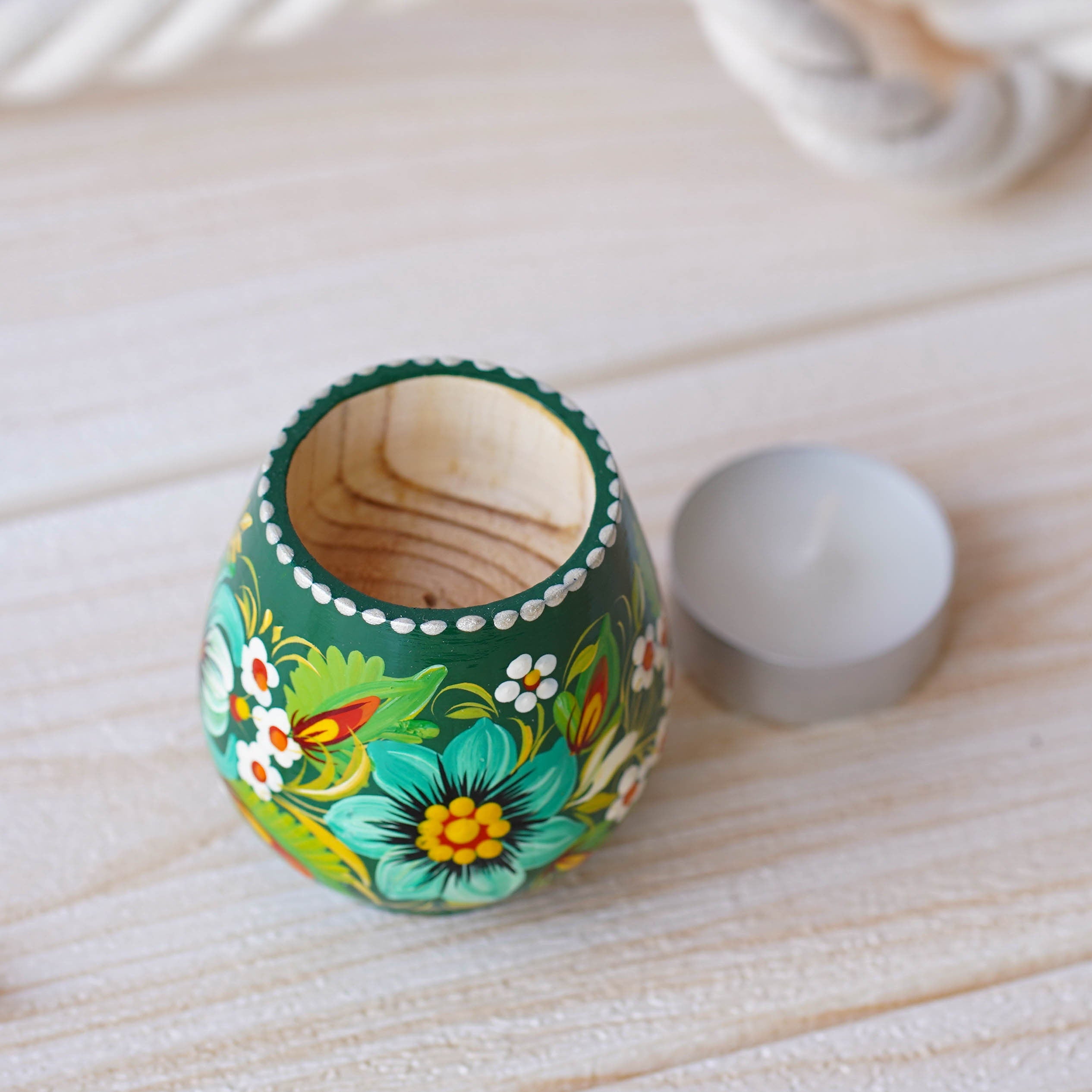 Ukrainian Painted Wooden Tea Light Candle Holder, Handmade Petrykivka Candle Holder, Emereld Green Flower Candle Holder with Candle