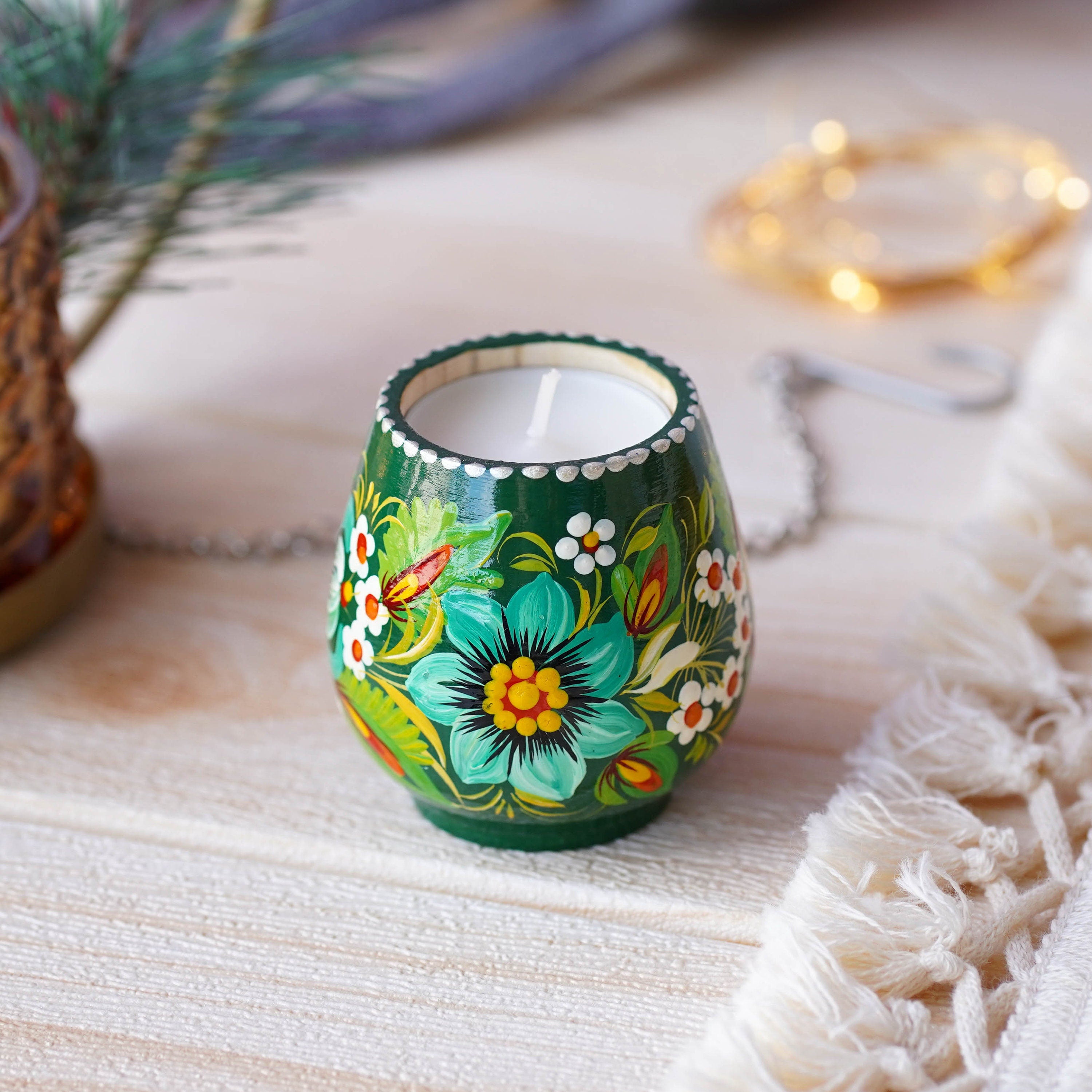 Ukrainian Painted Wooden Tea Light Candle Holder, Handmade Petrykivka Candle Holder, Emereld Green Flower Candle Holder with Candle