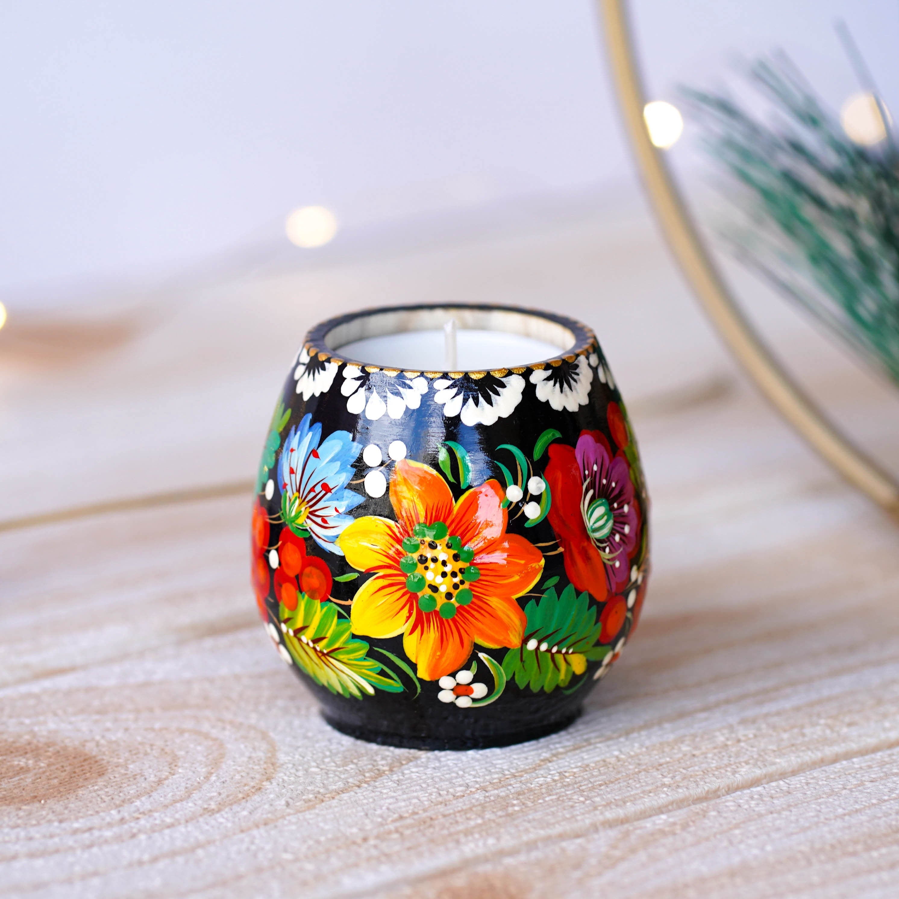 Ukrainian Painted Wooden Tea Light Candle Holder, Handmade Petrykivka Candle Holder, Yellow Sunflower Candle Holder with Candle