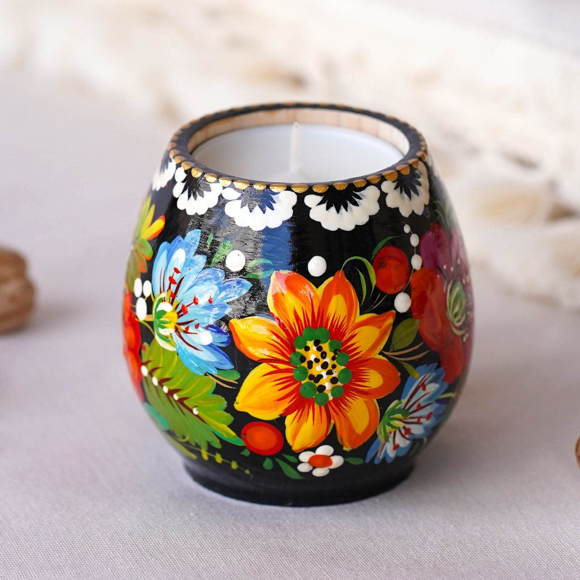 Ukrainian Painted Wooden Tea Light Candle Holder, Handmade Petrykivka Candle Holder, Yellow Sunflower Candle Holder with Candle