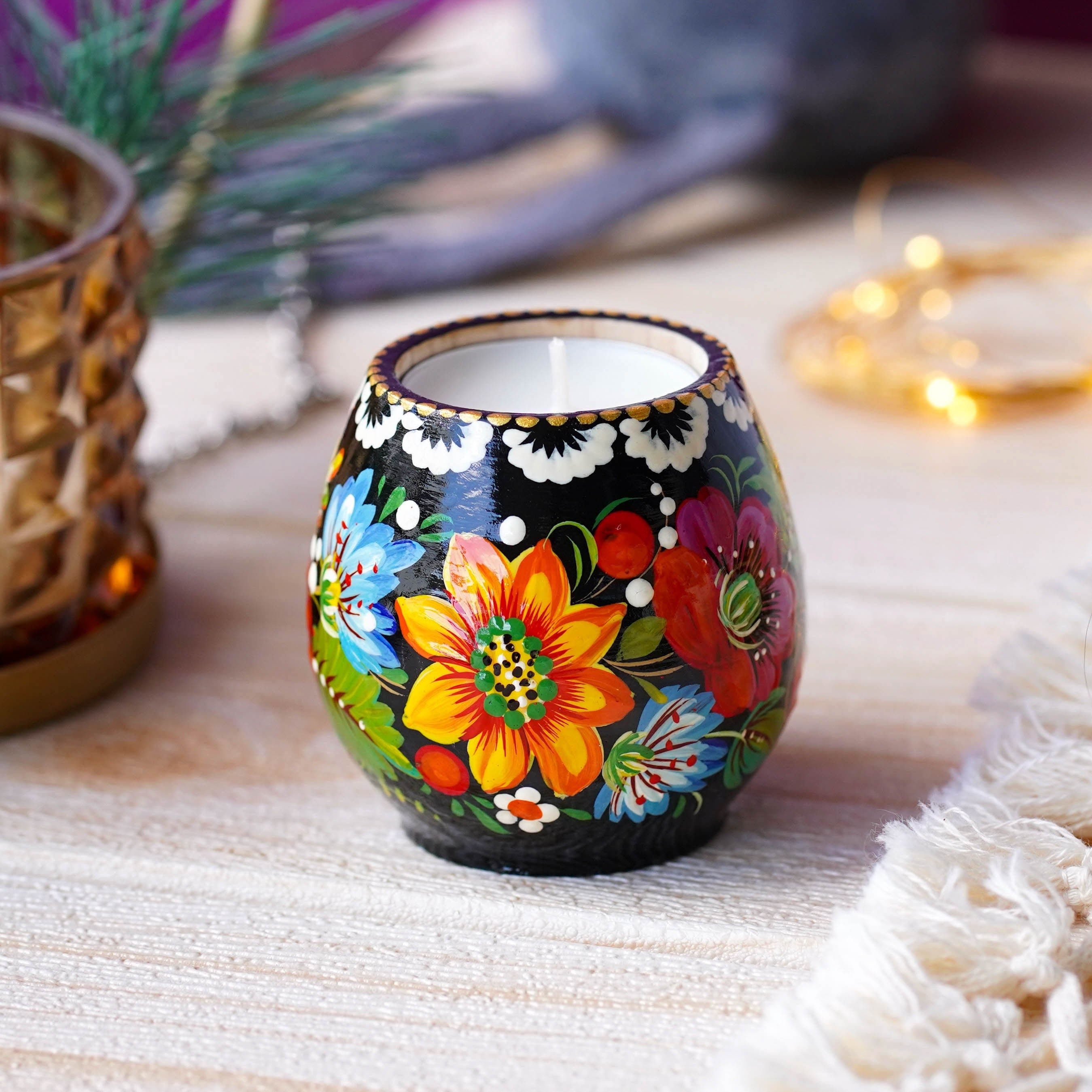 Ukrainian Painted Wooden Tea Light Candle Holder, Handmade Petrykivka Candle Holder, Yellow Sunflower Candle Holder with Candle