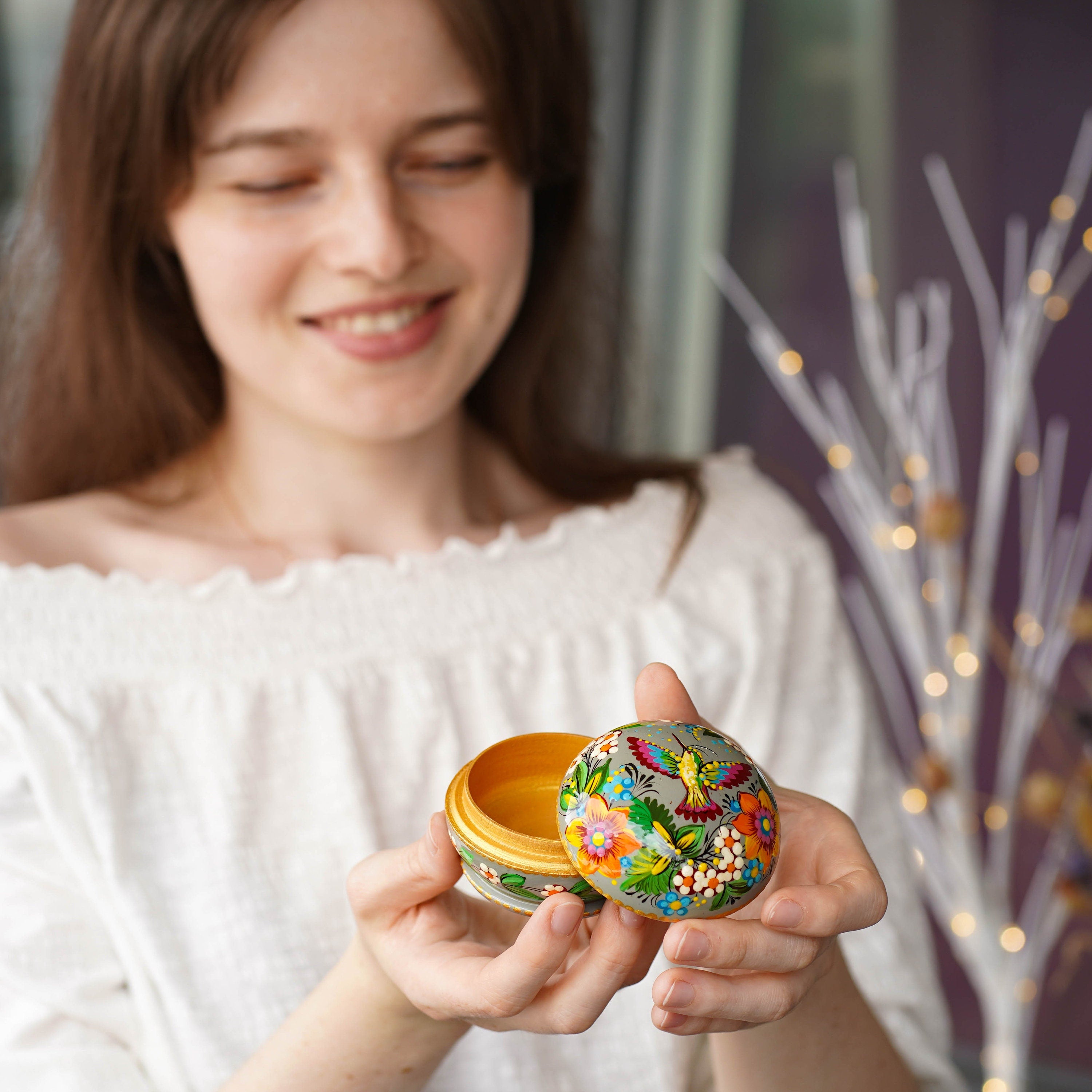 Painted Wooden Hummingbird Jewelry Box, Handmade Small Ring Box, Ukrainian Folk Art Petrykivka Sunflower Decorative Box, Cute Keepsake Box