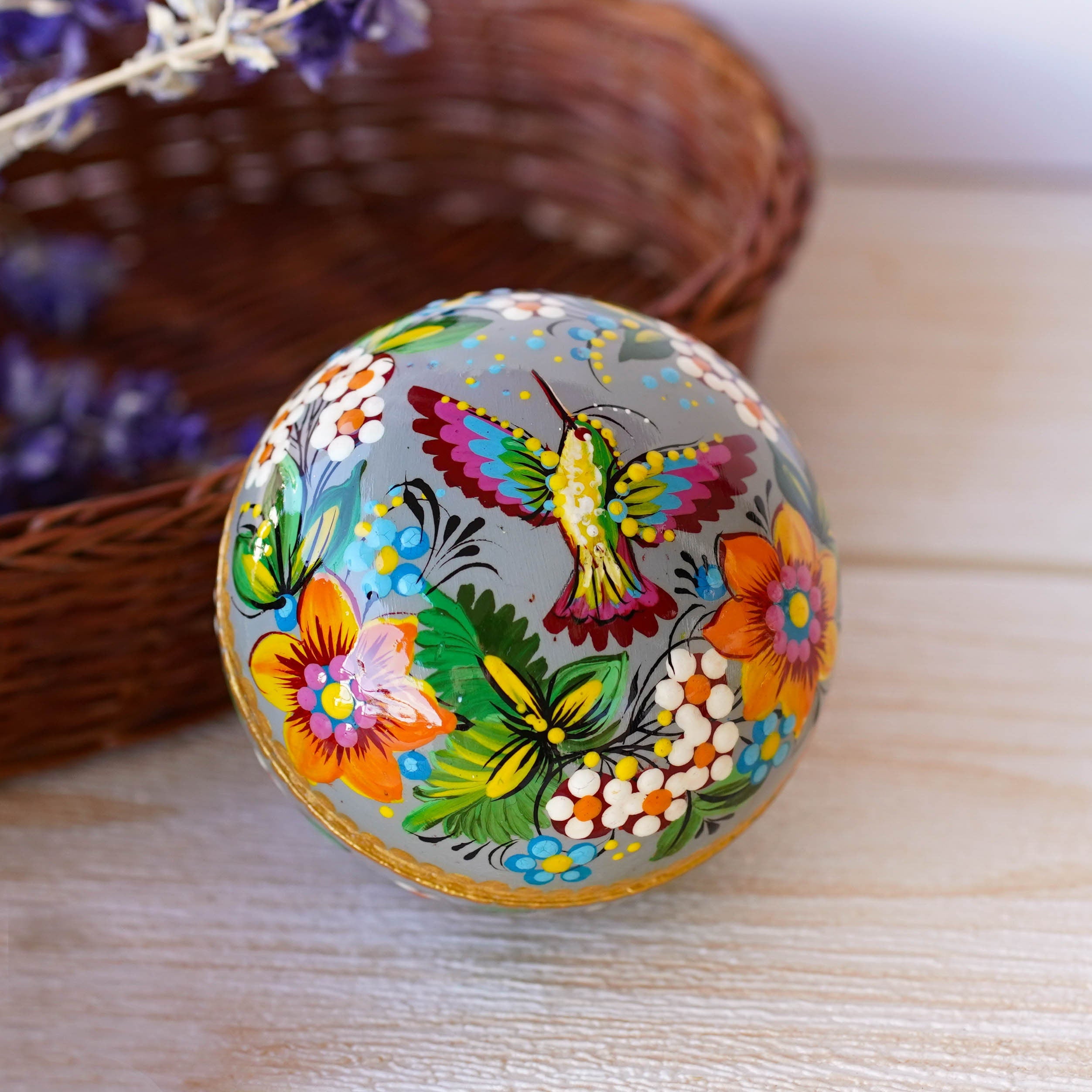 Painted Wooden Hummingbird Jewelry Box, Handmade Small Ring Box, Ukrainian Folk Art Petrykivka Sunflower Decorative Box, Cute Keepsake Box