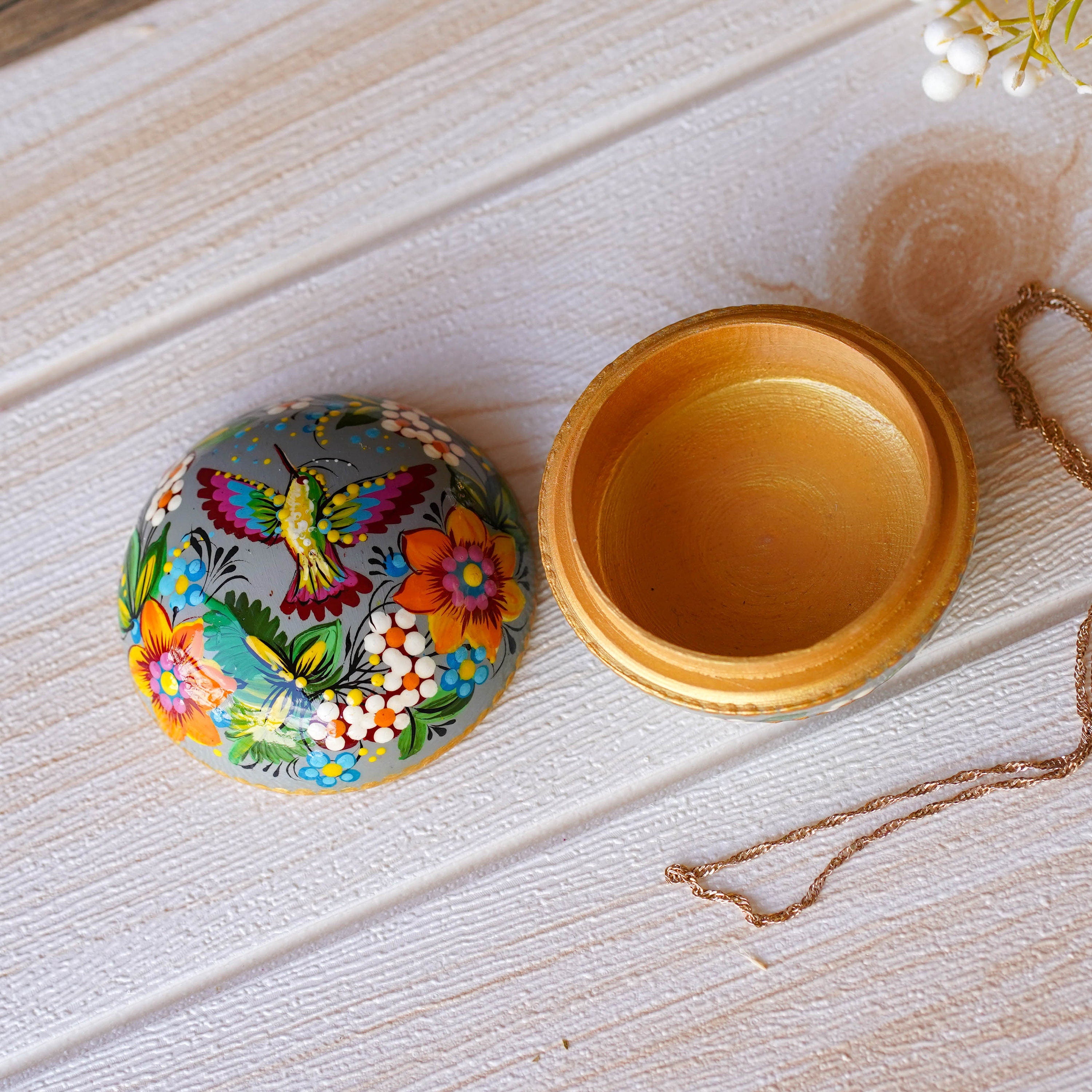 Painted Wooden Hummingbird Jewelry Box, Handmade Small Ring Box, Ukrainian Folk Art Petrykivka Sunflower Decorative Box, Cute Keepsake Box