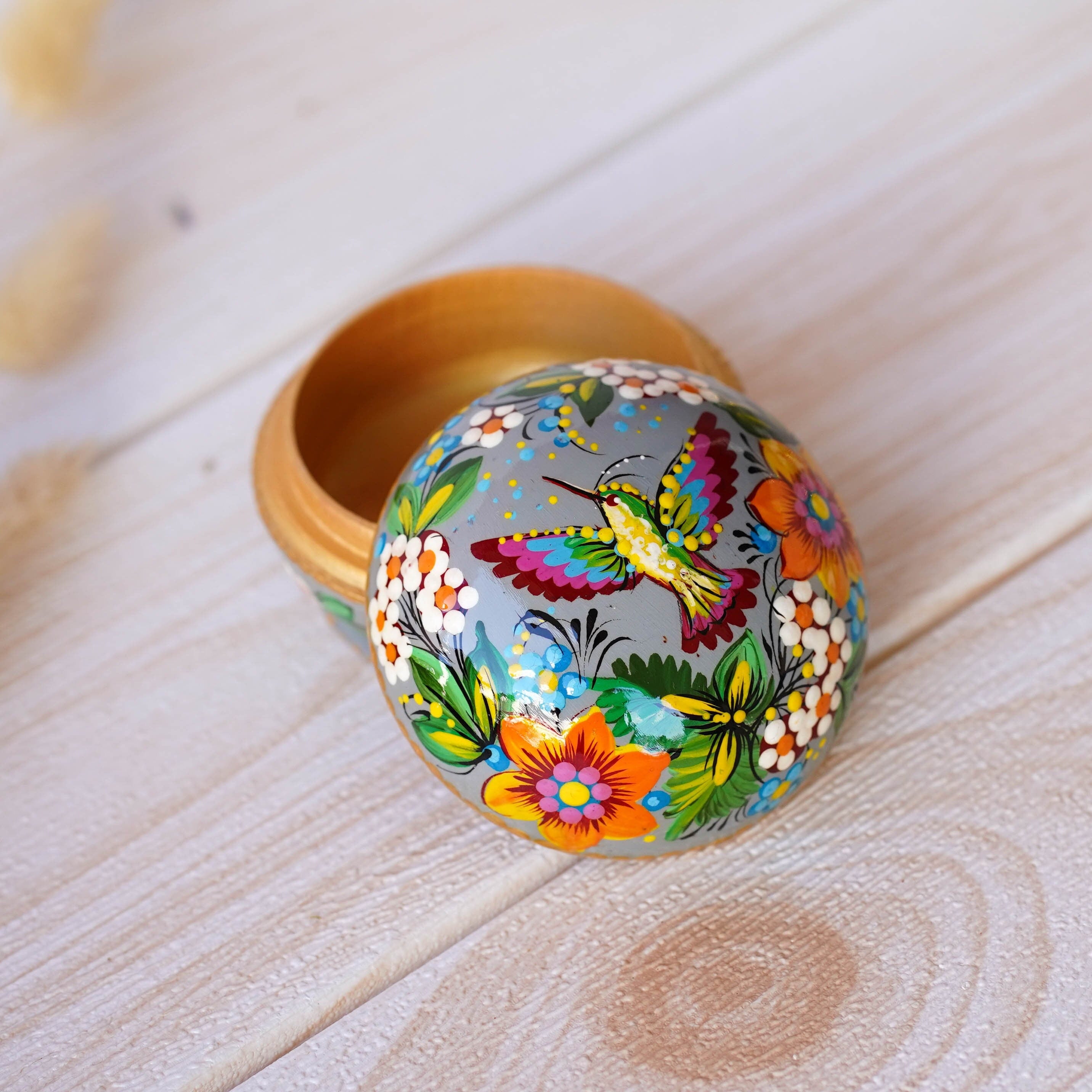 Painted Wooden Hummingbird Jewelry Box, Handmade Small Ring Box, Ukrainian Folk Art Petrykivka Sunflower Decorative Box, Cute Keepsake Box