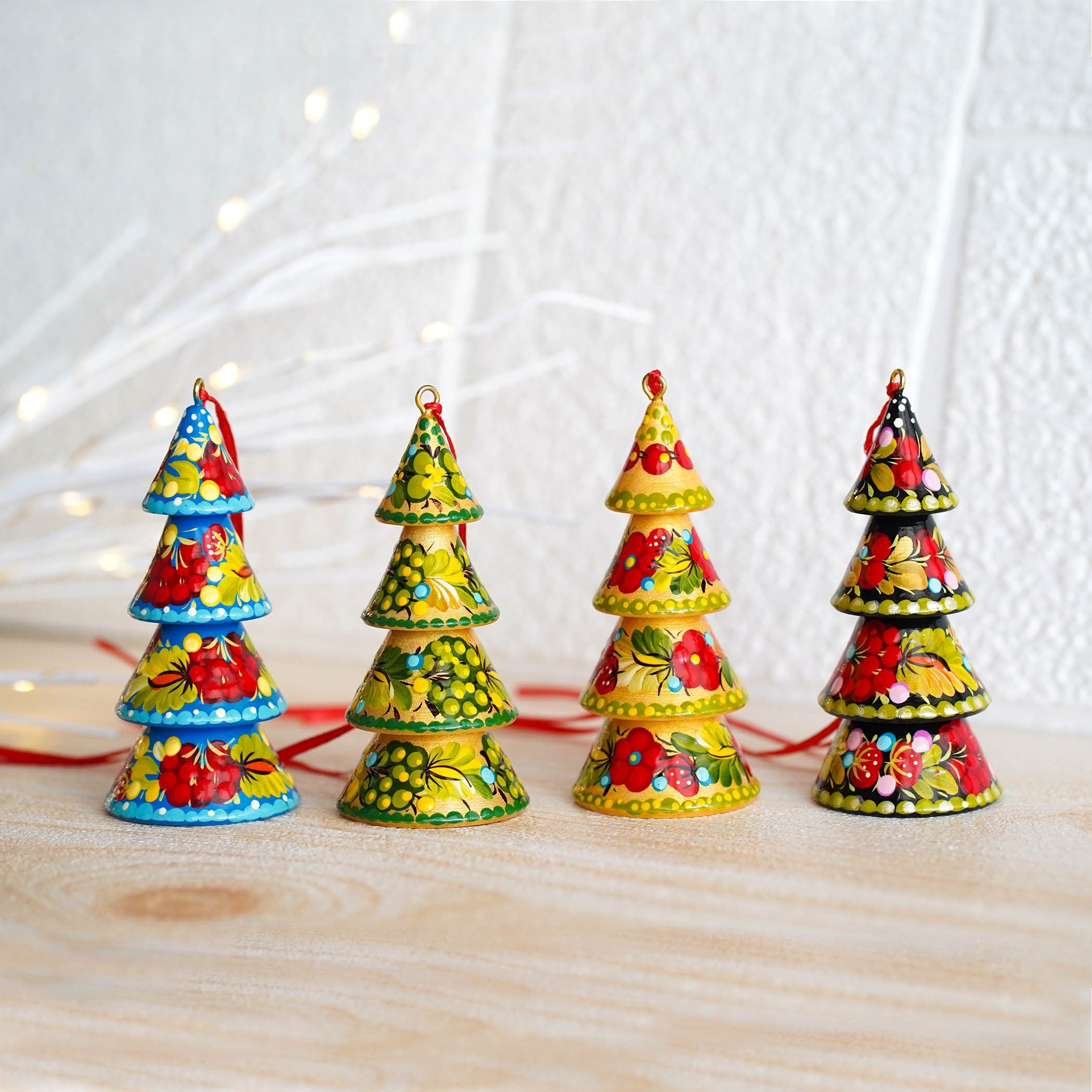 Set of 4 Painted Wooden Christmas Tree Ornaments, Handmade Ukrainian Petrykivka Art Christmas Decorations Tree-shaped, Mini Christmas Trees