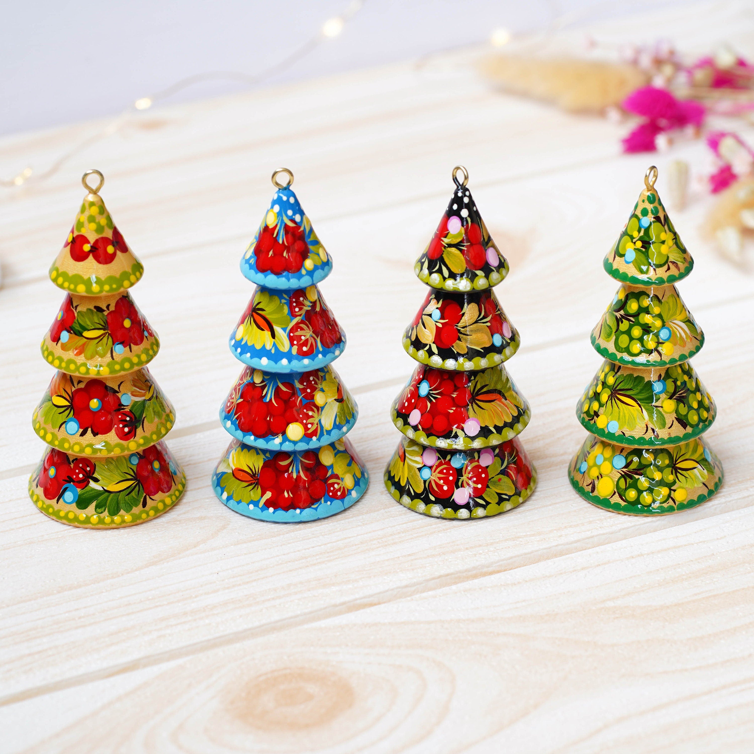 Set of 4 Painted Wooden Christmas Tree Ornaments, Handmade Ukrainian Petrykivka Art Christmas Decorations Tree-shaped, Mini Christmas Trees