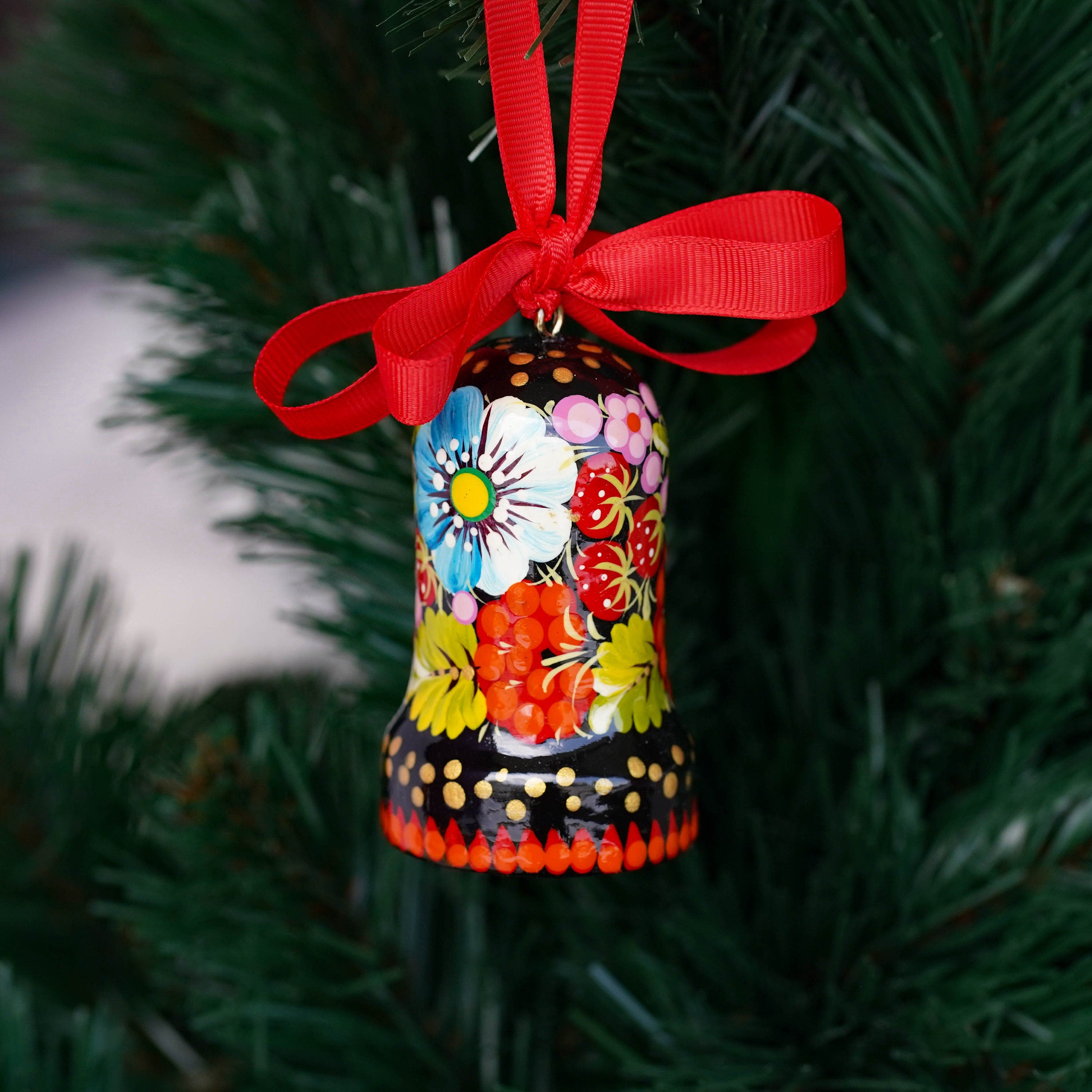 Set of 3 Painted Wooden Bell Christmas Ornaments, Handmade Ukrainian Petrykivka Art Christmas Bells, Flower Christmas Tree Decorations