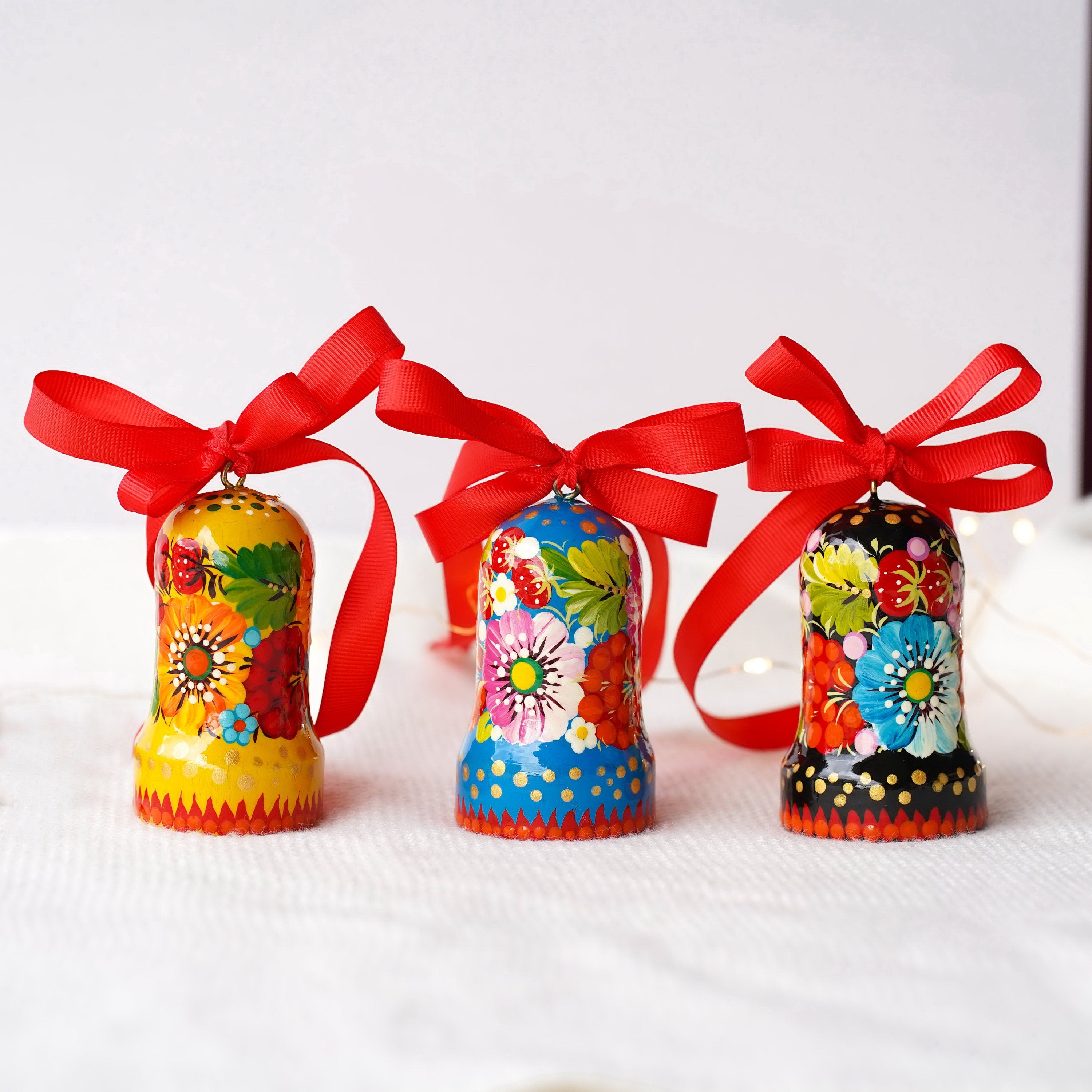 Set of 3 Painted Wooden Bell Christmas Ornaments, Handmade Ukrainian Petrykivka Art Christmas Bells, Flower Christmas Tree Decorations