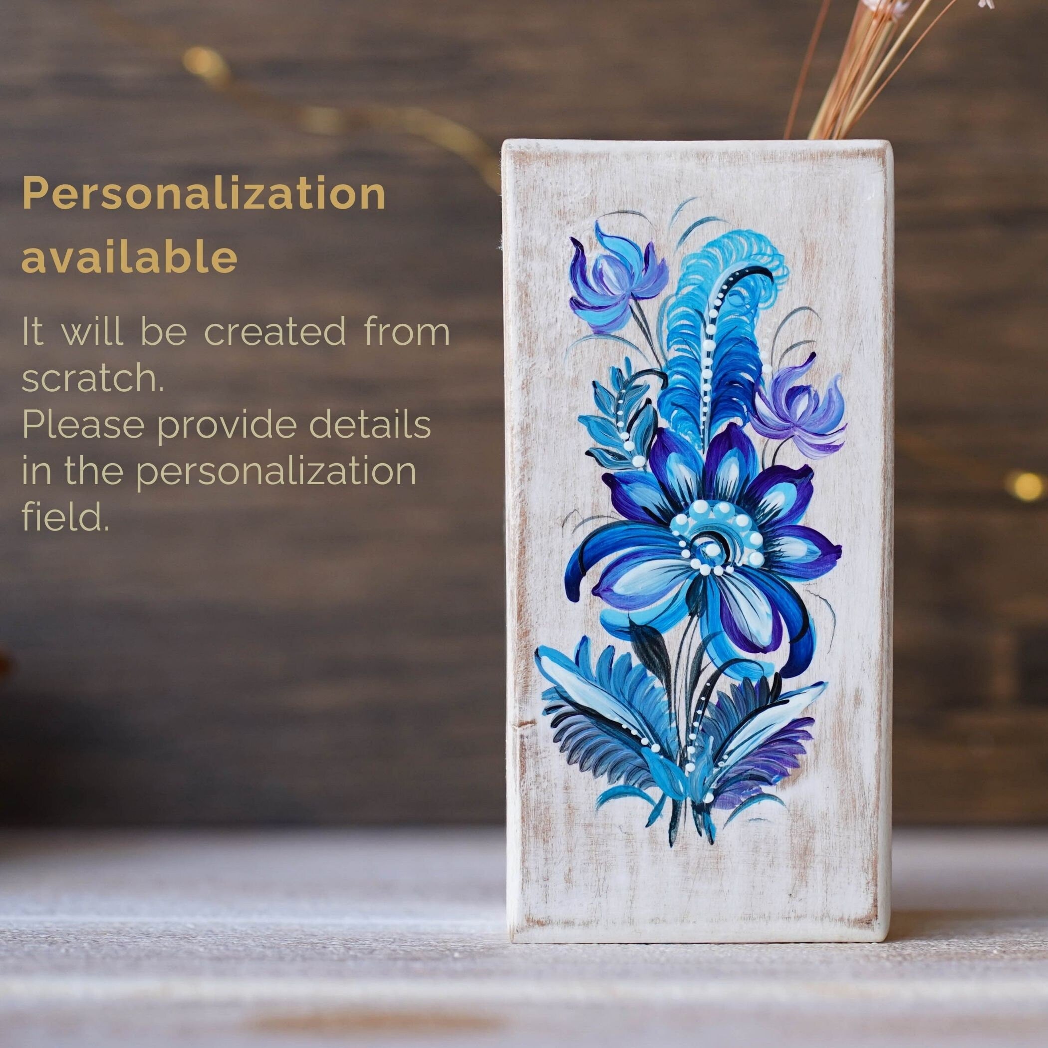 Painted Wooden Vase 5.1 in - Personalized Blue Fairy Bird Vase, Handmade Ukrainian Folk Art Petrykivka Vase, Small Vase for Dried Flowers