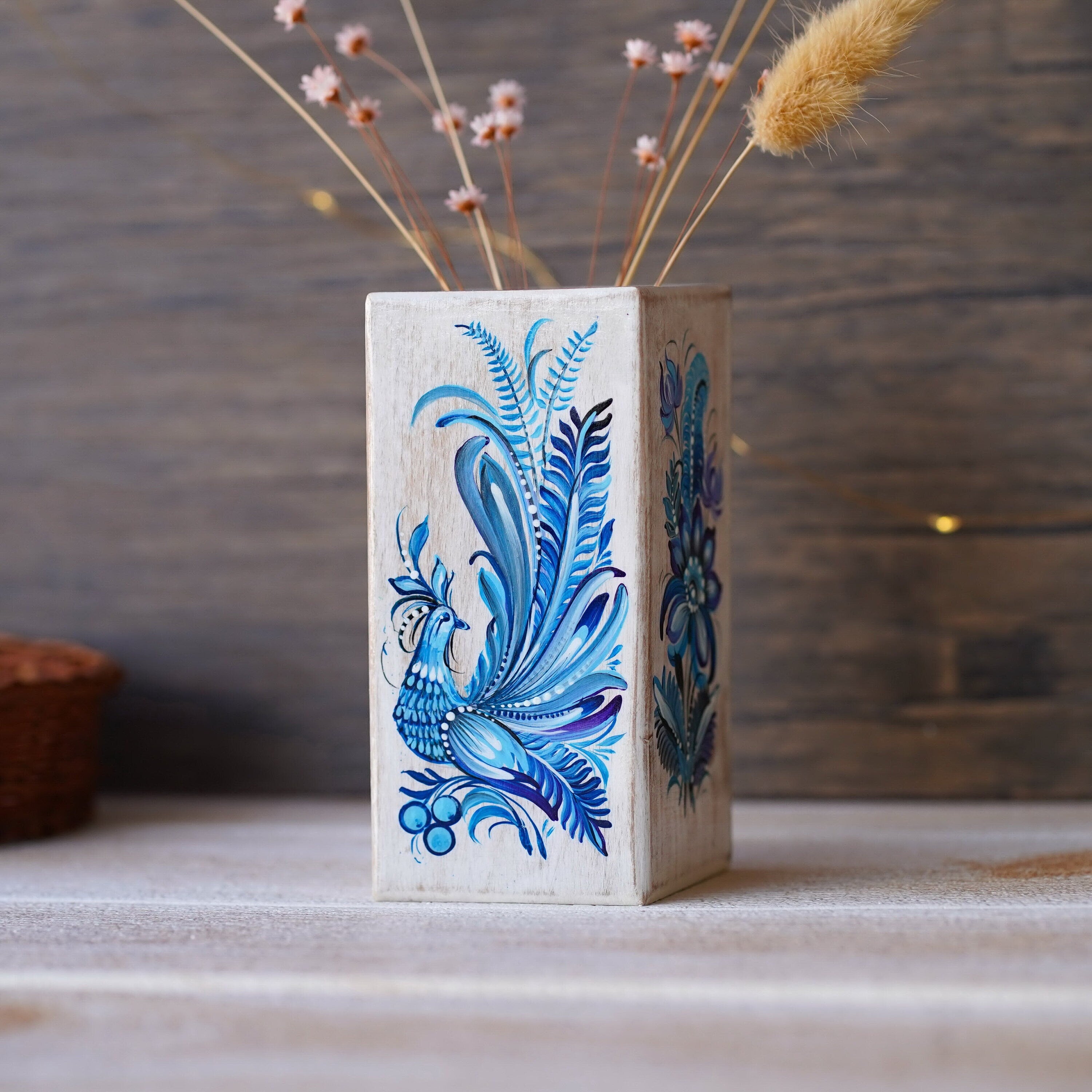 Painted Wooden Vase 5.1 in - Personalized Blue Fairy Bird Vase, Handmade Ukrainian Folk Art Petrykivka Vase, Small Vase for Dried Flowers