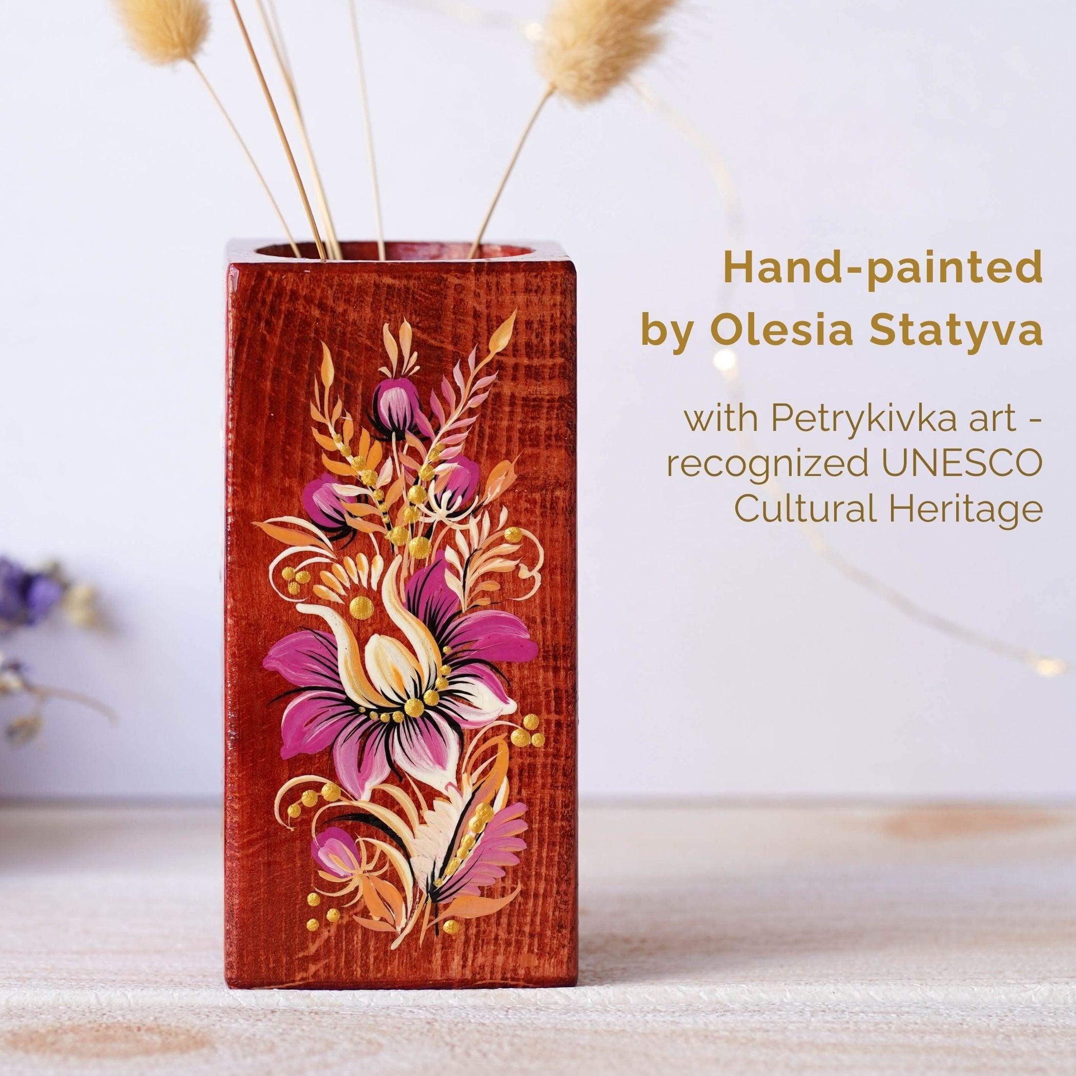 Personalized Painted Wooden Vase 5.1 in - Custom Burgundy Flower Vase, Handmade Ukrainian Petrykivka Art Vase, Small Vase for Dried Flowers