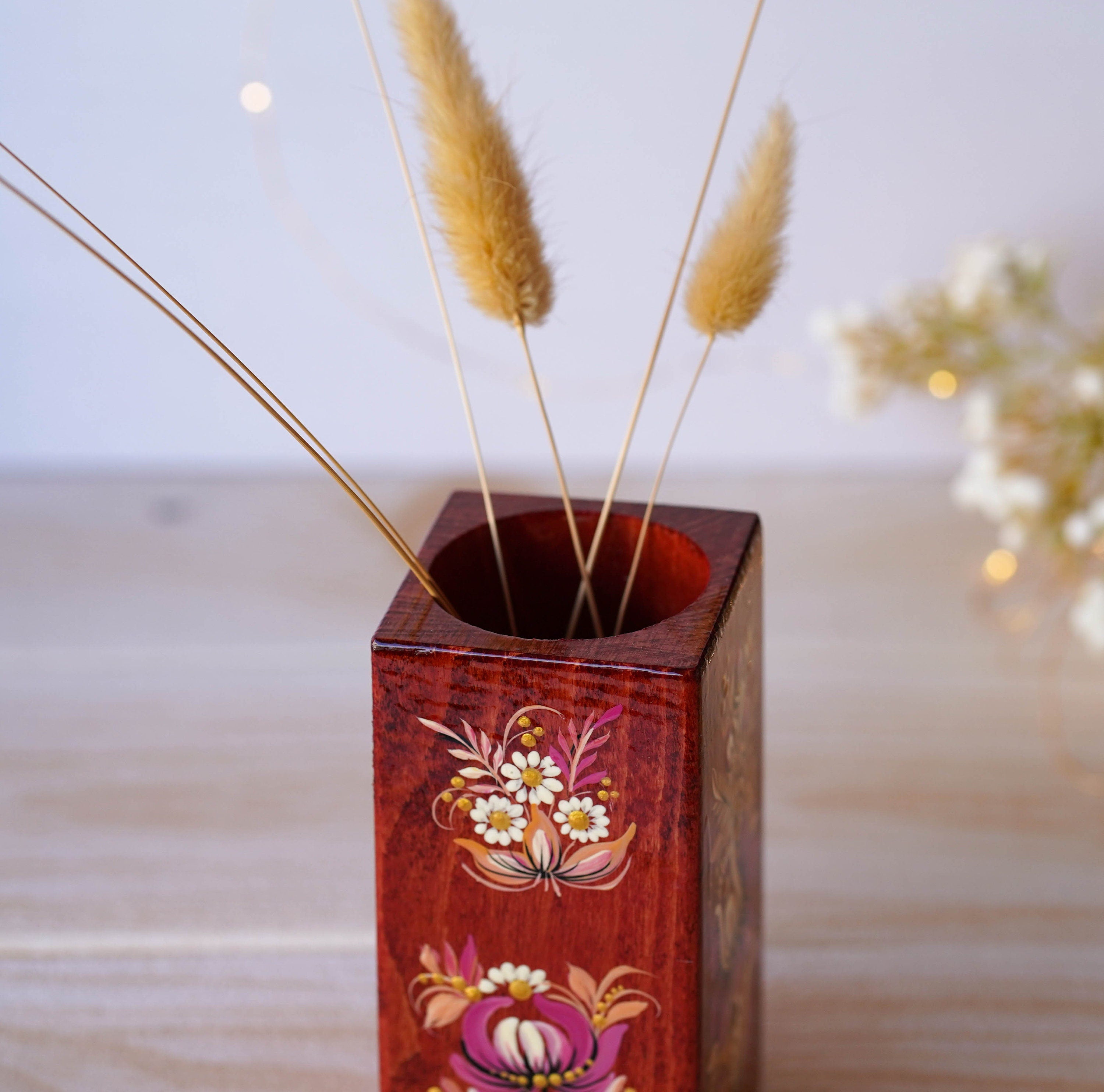 Personalized Painted Wooden Vase 5.1 in - Custom Burgundy Flower Vase, Handmade Ukrainian Petrykivka Art Vase, Small Vase for Dried Flowers