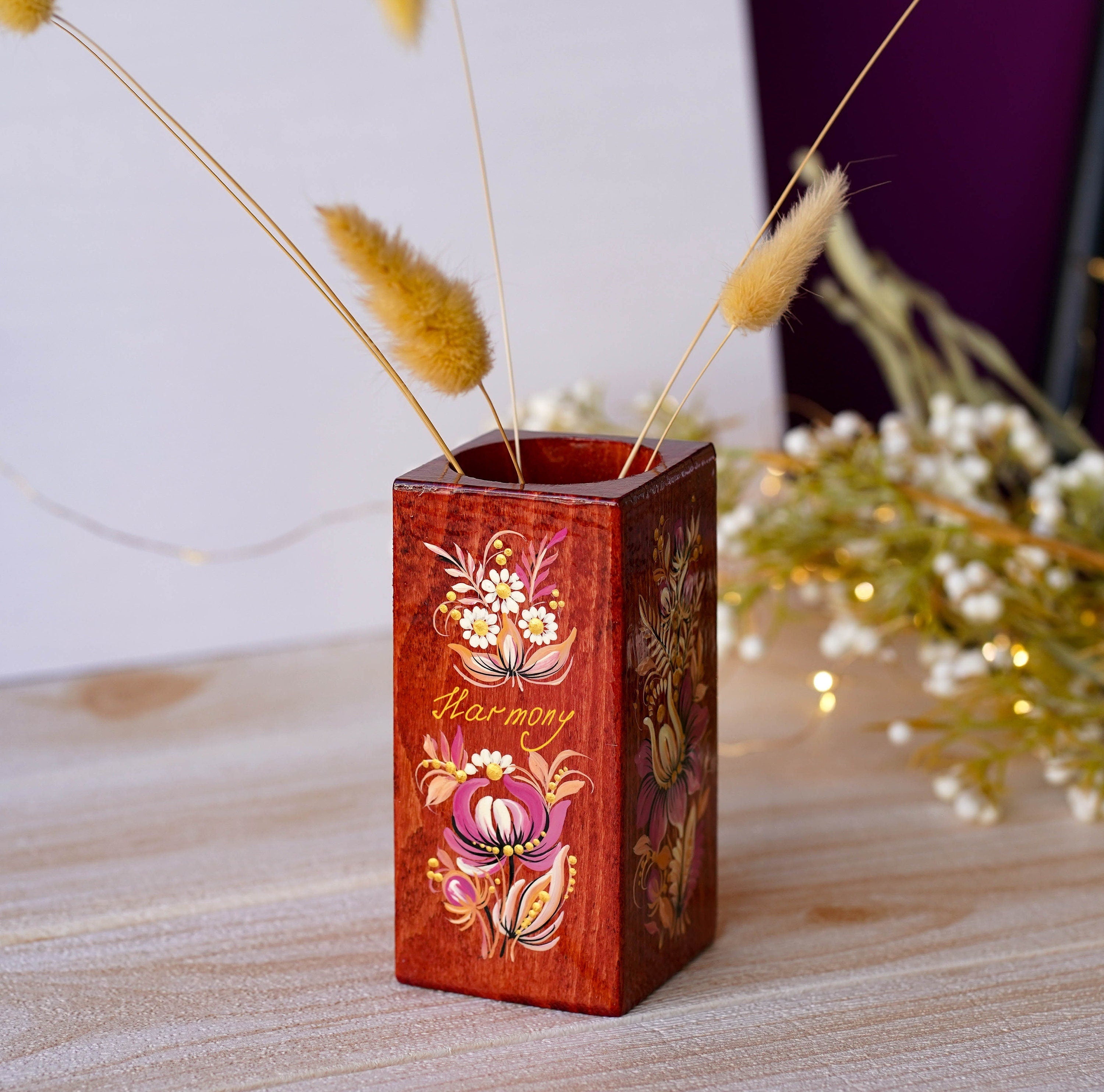 Personalized Painted Wooden Vase 5.1 in - Custom Burgundy Flower Vase, Handmade Ukrainian Petrykivka Art Vase, Small Vase for Dried Flowers