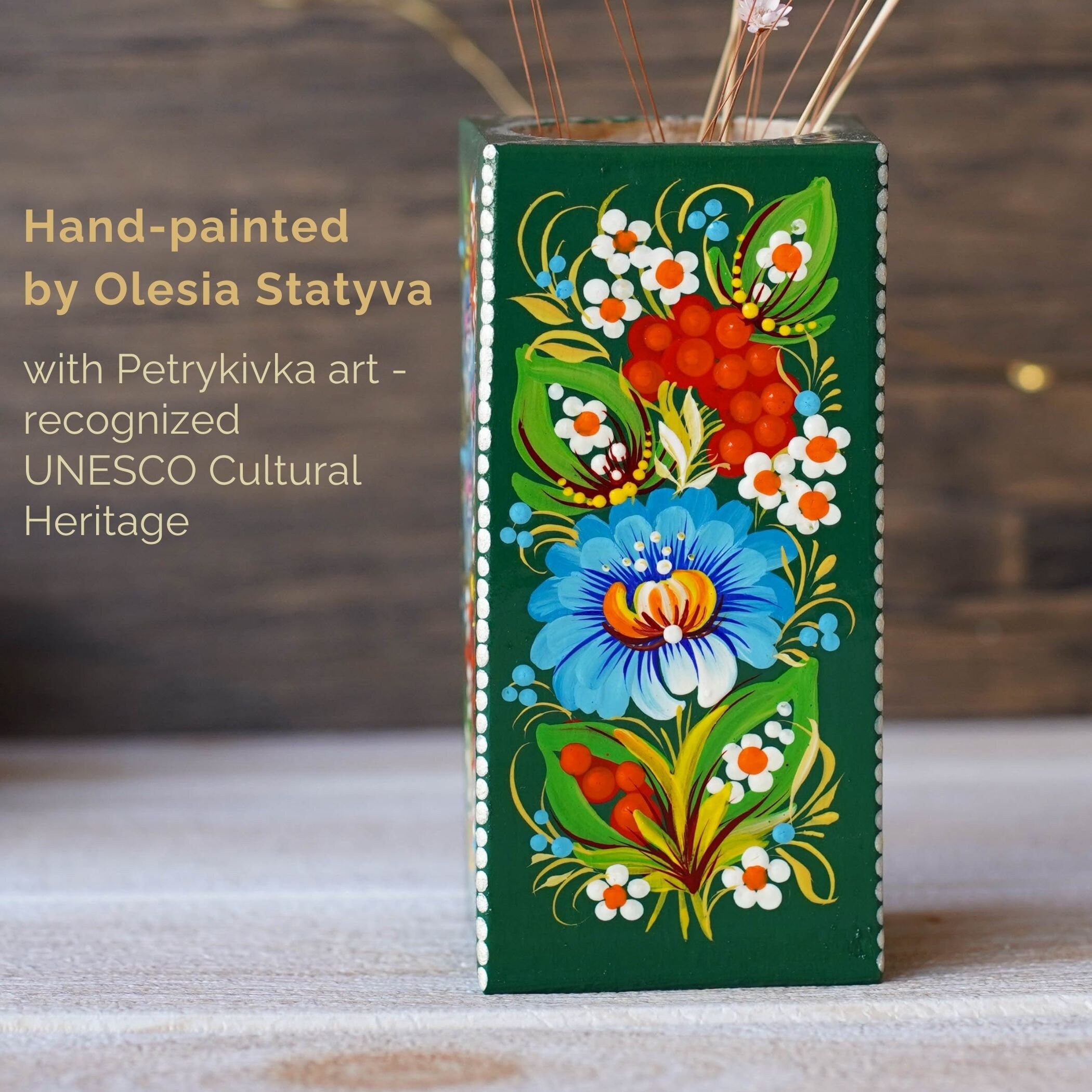 Painted Wooden Vase 5.1 in - Personalized Emerald Green Flower Vase, Handmade Ukrainian Petrykivka Art Vase, Small Vase for Dried Flowers