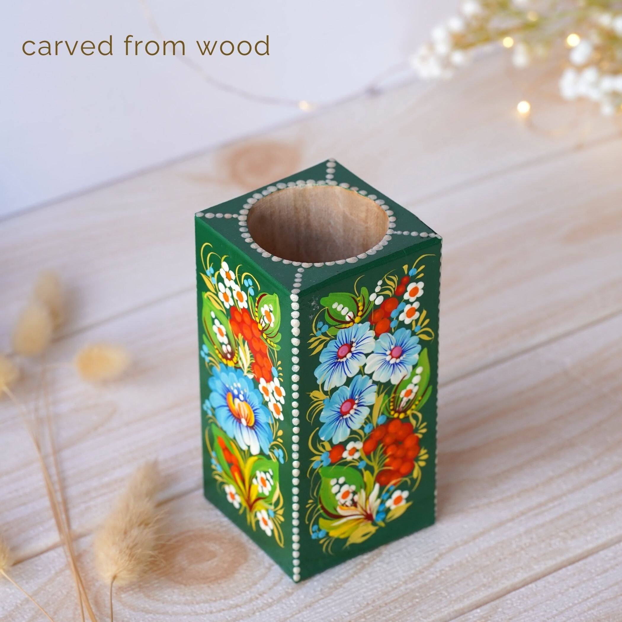 Painted Wooden Vase 5.1 in - Personalized Emerald Green Flower Vase, Handmade Ukrainian Petrykivka Art Vase, Small Vase for Dried Flowers