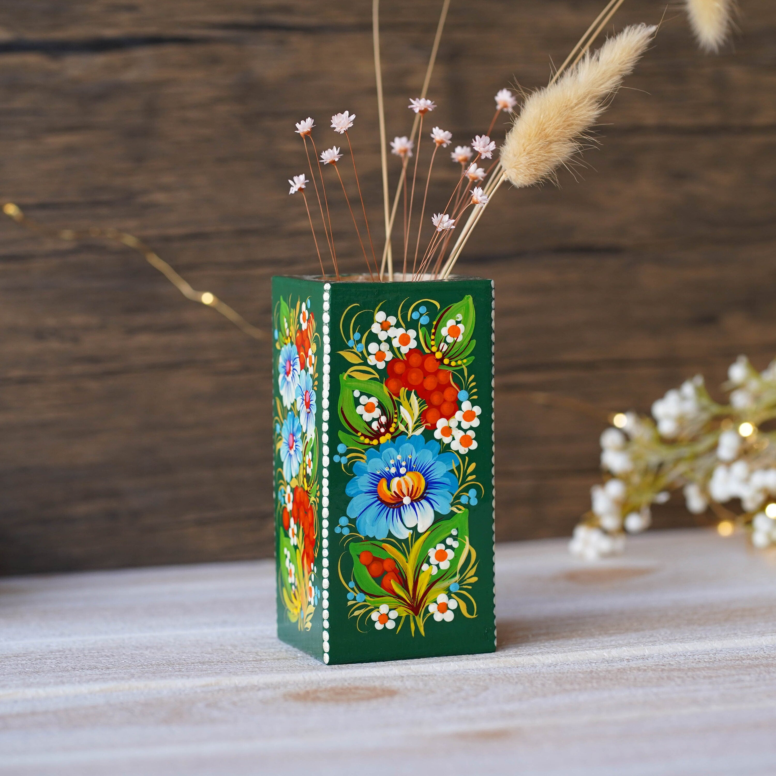 Painted Wooden Vase 5.1 in - Personalized Emerald Green Flower Vase, Handmade Ukrainian Petrykivka Art Vase, Small Vase for Dried Flowers