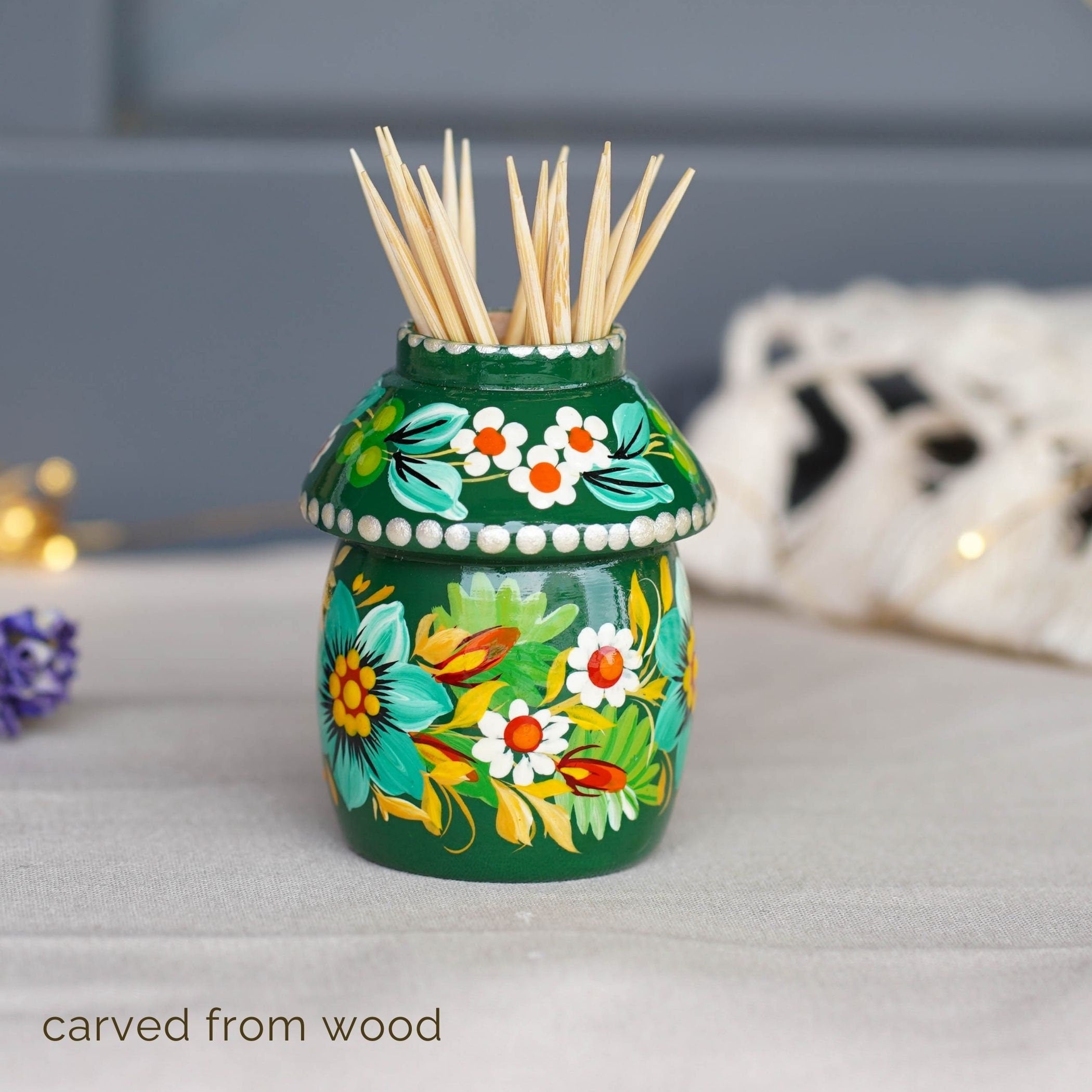 Toothpick Holder - Hand-painted Wooden Emerald Green Flower Toothpick Holder, Ukrainian Petrykivka Housewarming Gift, Handmade Table Decor