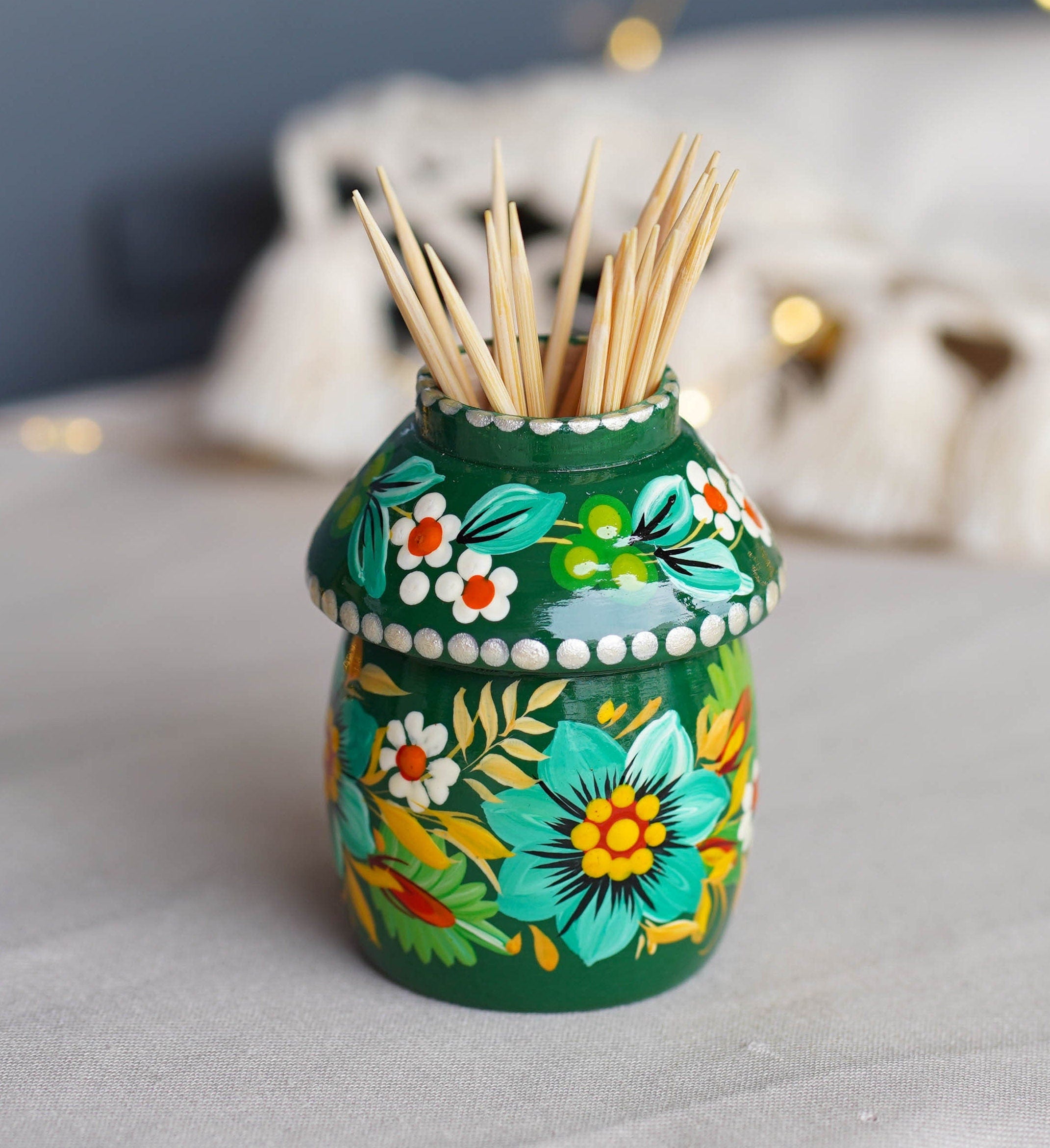 Toothpick Holder - Hand-painted Wooden Emerald Green Flower Toothpick Holder, Ukrainian Petrykivka Housewarming Gift, Handmade Table Decor