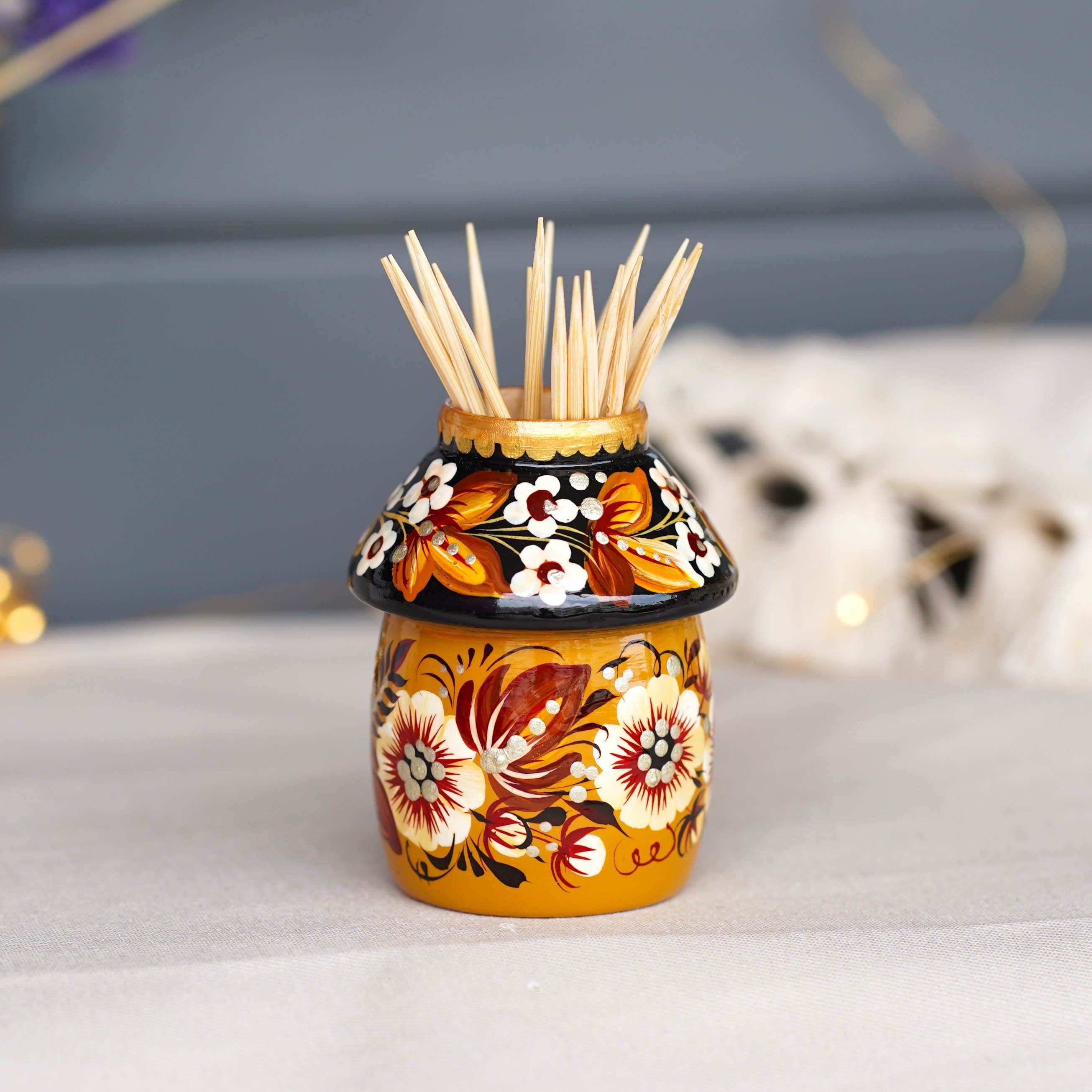 Toothpick Holder - Hand-painted Wooden Beige Flower Toothpick Holder, Ukrainian Petrykivka Housewarming Gift