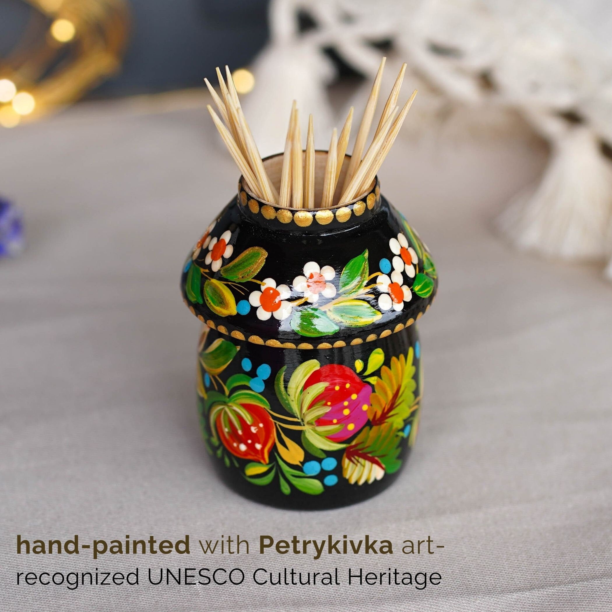 Toothpick Holder - Hand-painted Wooden Strawberry Toothpick Holder, Ukrainian Petrykivka Housewarming Gift, Handmade Table Decor