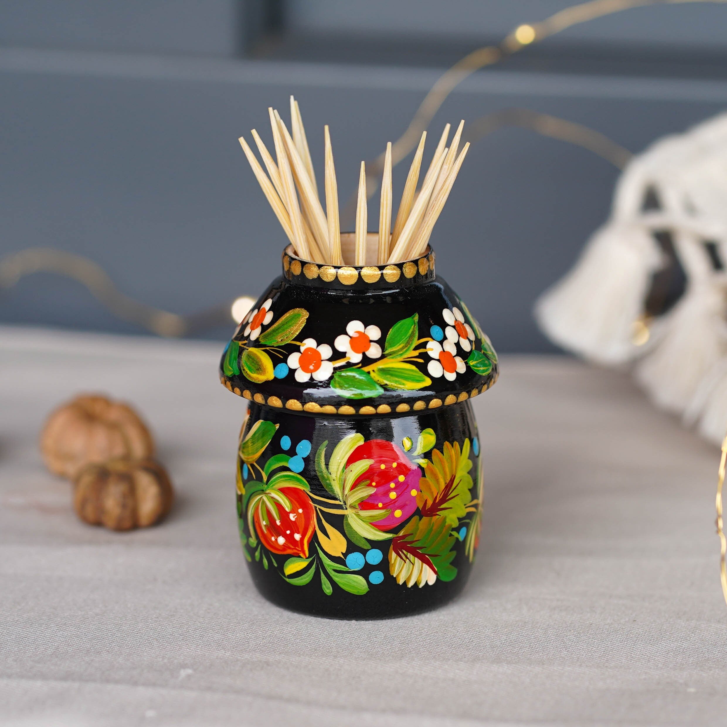 Toothpick Holder - Hand-painted Wooden Strawberry Toothpick Holder, Ukrainian Petrykivka Housewarming Gift, Handmade Table Decor