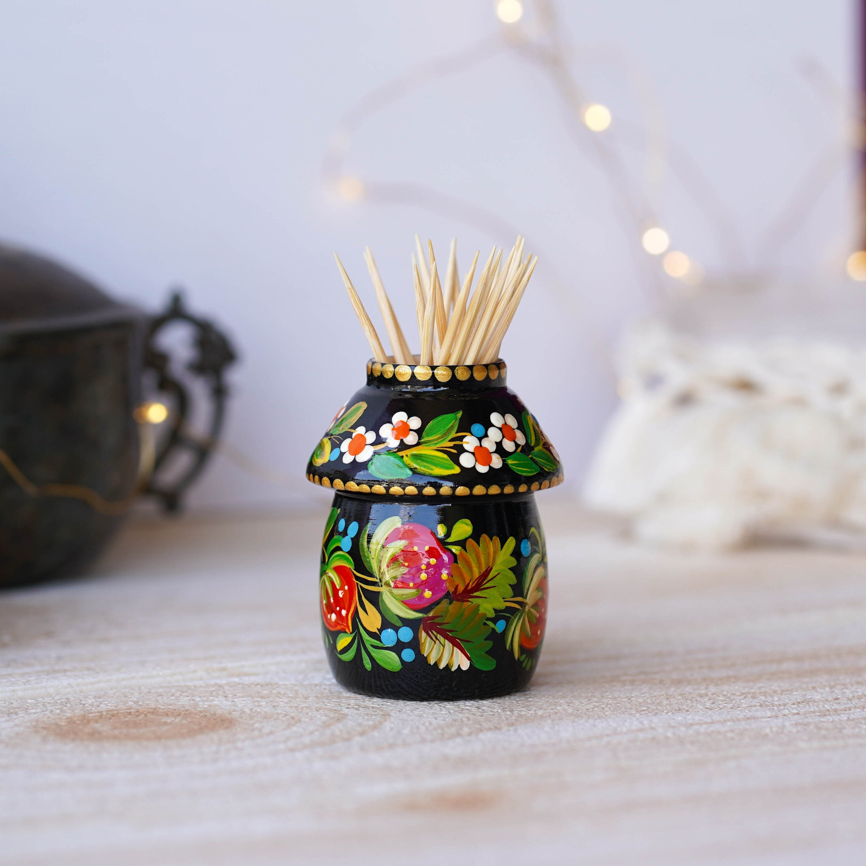 Toothpick Holder - Hand-painted Wooden Strawberry Toothpick Holder, Ukrainian Petrykivka Housewarming Gift, Handmade Table Decor