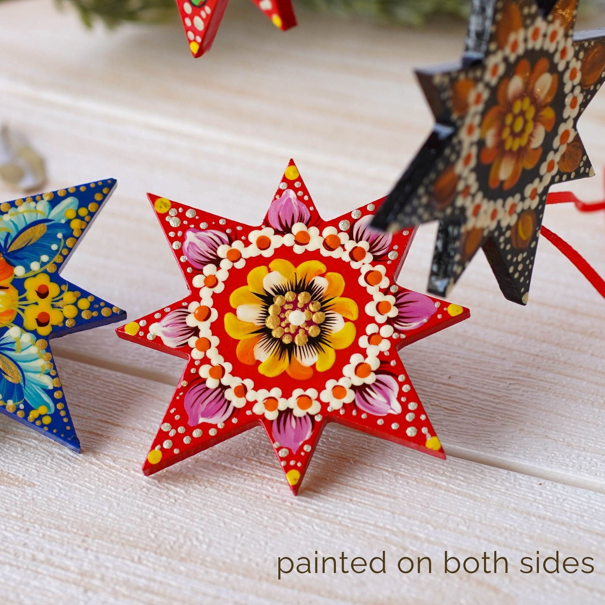 Hand-Painted Ukrainian Wooden Christmas Ornament Set - Handmade Red Tree and Star Petrykivka Decorations