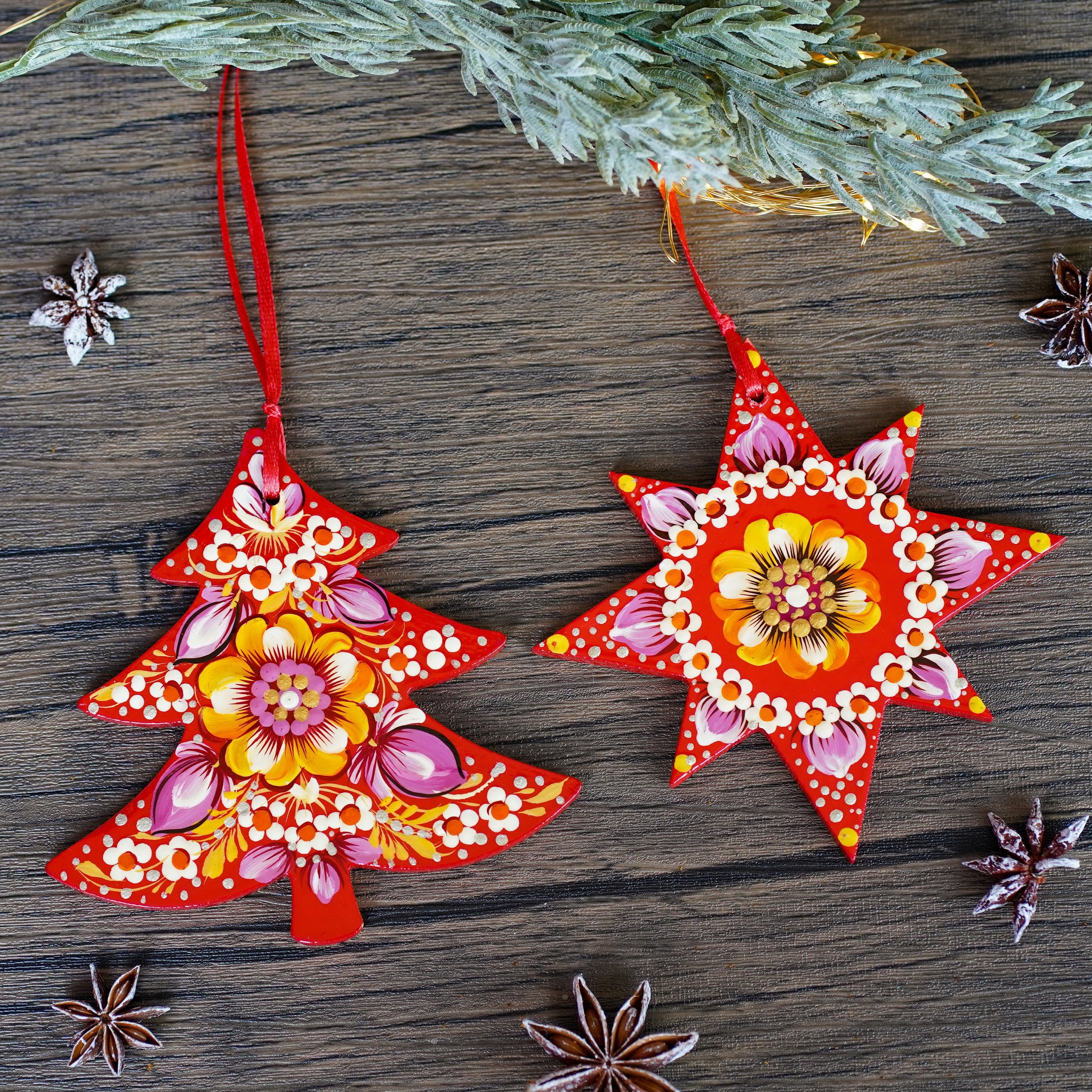 Hand-Painted Ukrainian Wooden Christmas Ornament Set - Handmade Red Tree and Star Petrykivka Decorations