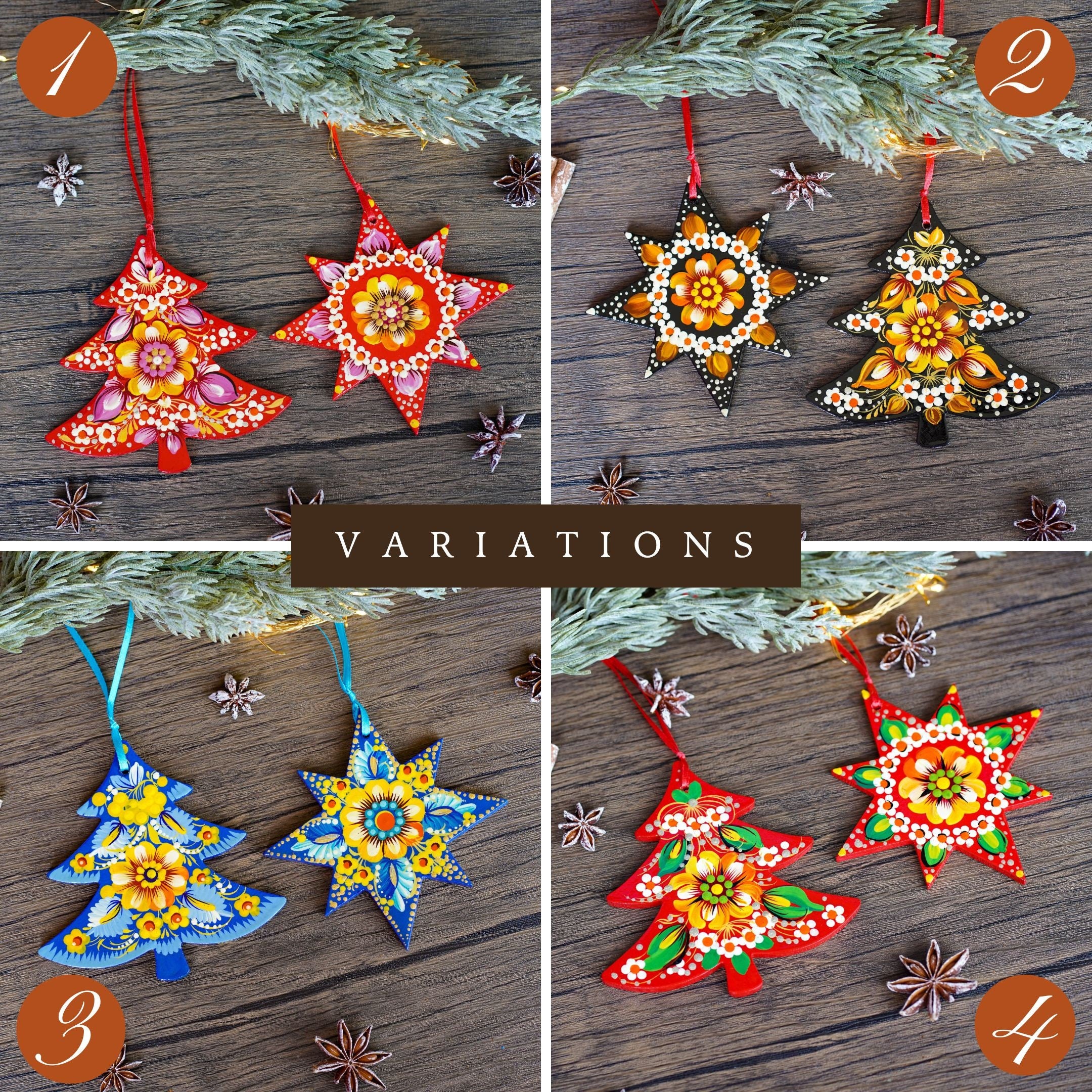 Hand-Painted Ukrainian Wooden Christmas Ornament Set - Handmade Red Tree and Star Petrykivka Decorations