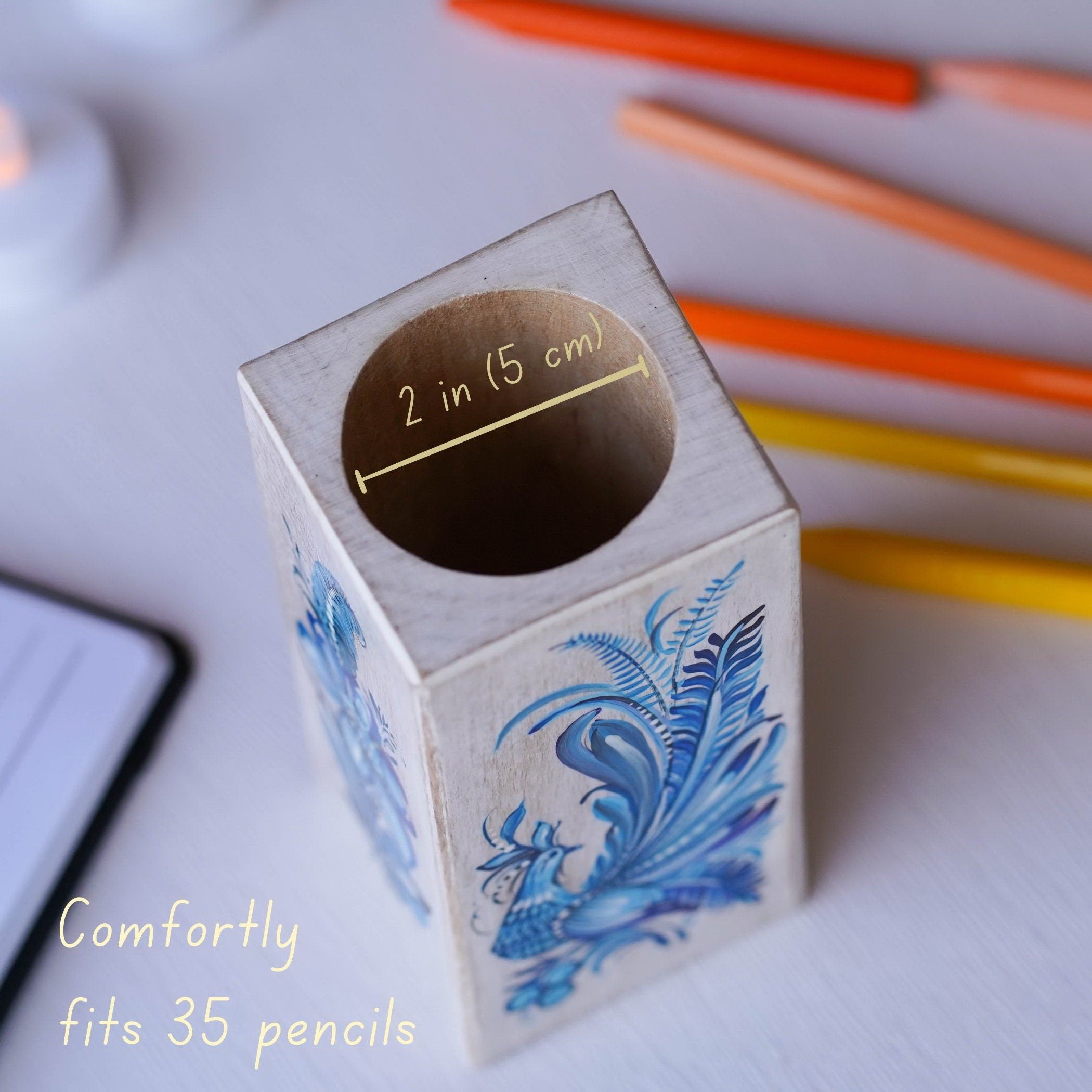 Painted Wooden Pencil Holder - Handmade Blue Fairy Bird Pen Holder, Ukrainian Petrykivka Art Desk Accessories, Wooden Pencil Cup