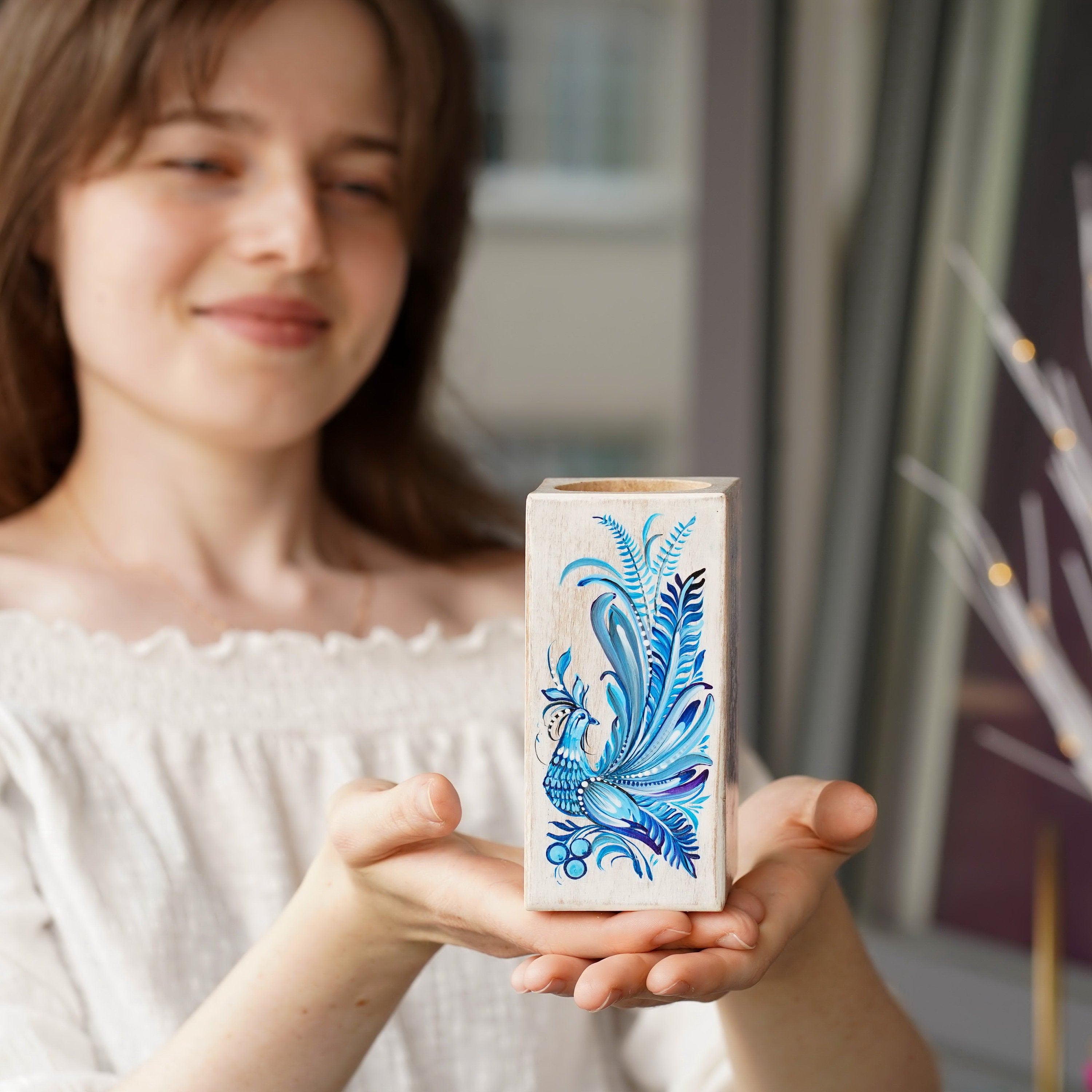 Painted Wooden Pencil Holder - Handmade Blue Fairy Bird Pen Holder, Ukrainian Petrykivka Art Desk Accessories, Wooden Pencil Cup