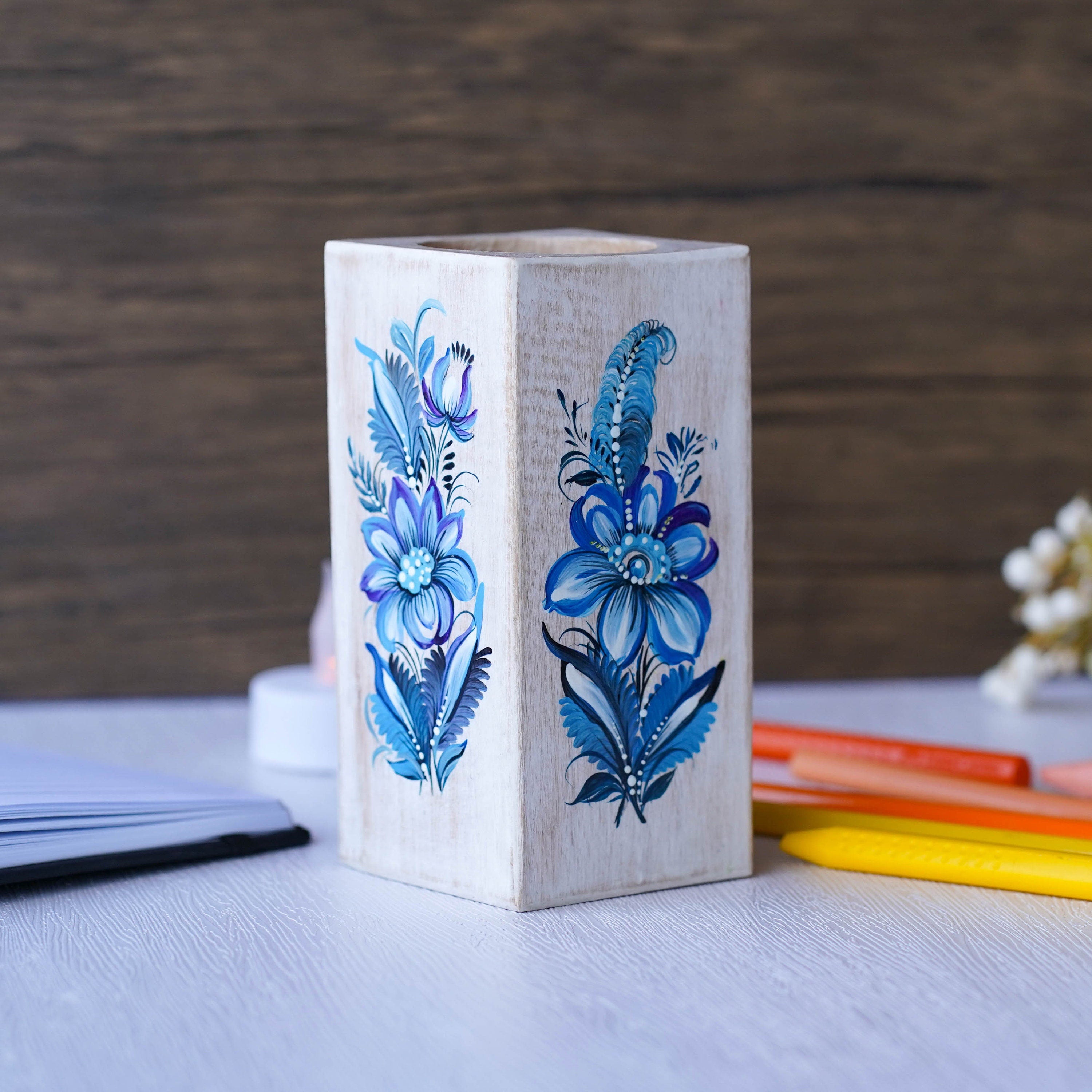 Painted Wooden Pencil Holder - Handmade Blue Fairy Bird Pen Holder, Ukrainian Petrykivka Art Desk Accessories, Wooden Pencil Cup