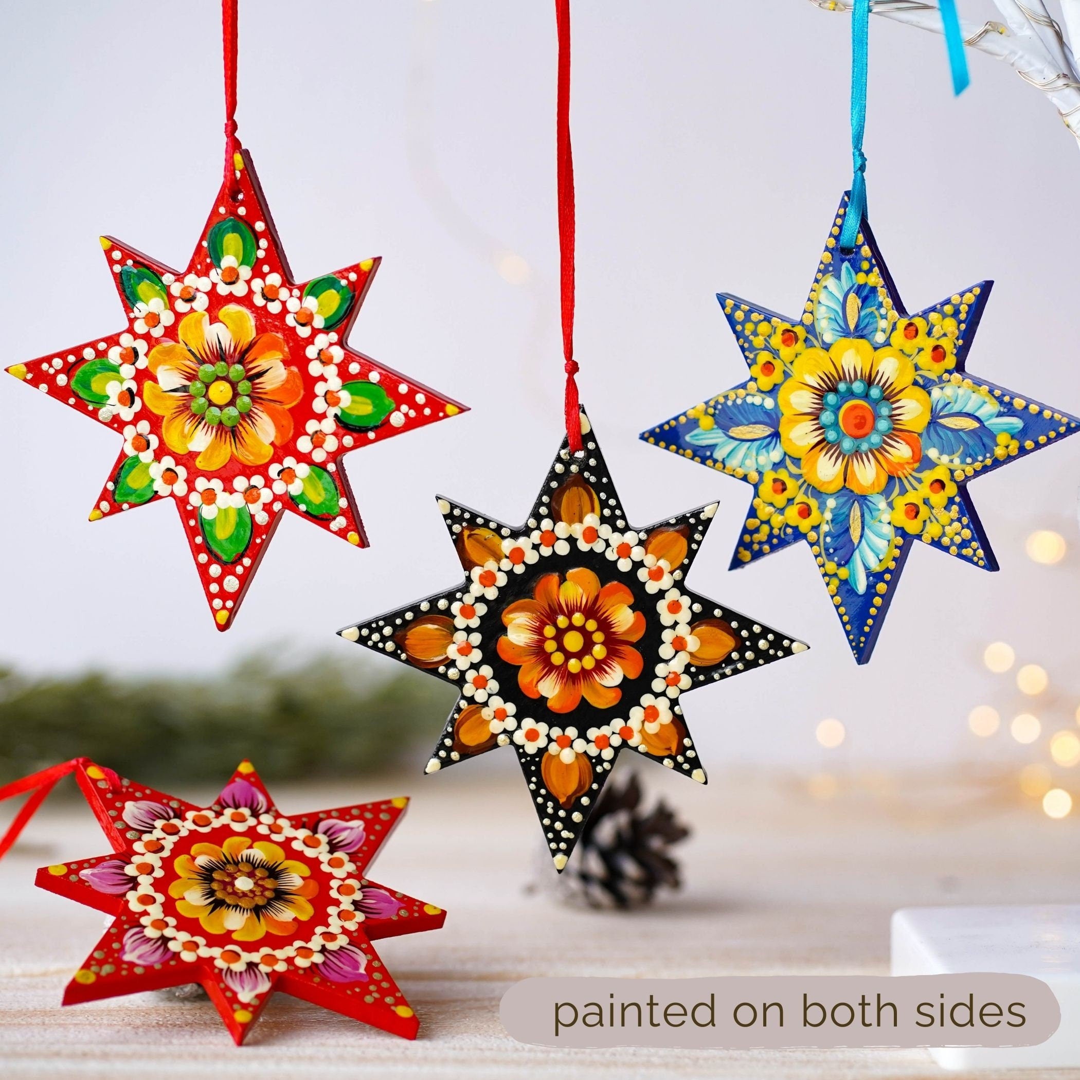 Painted Ukrainian Wooden Christmas Ornament Set - Handmade Blue & Yellow Tree and Star Petrykivka Decorations