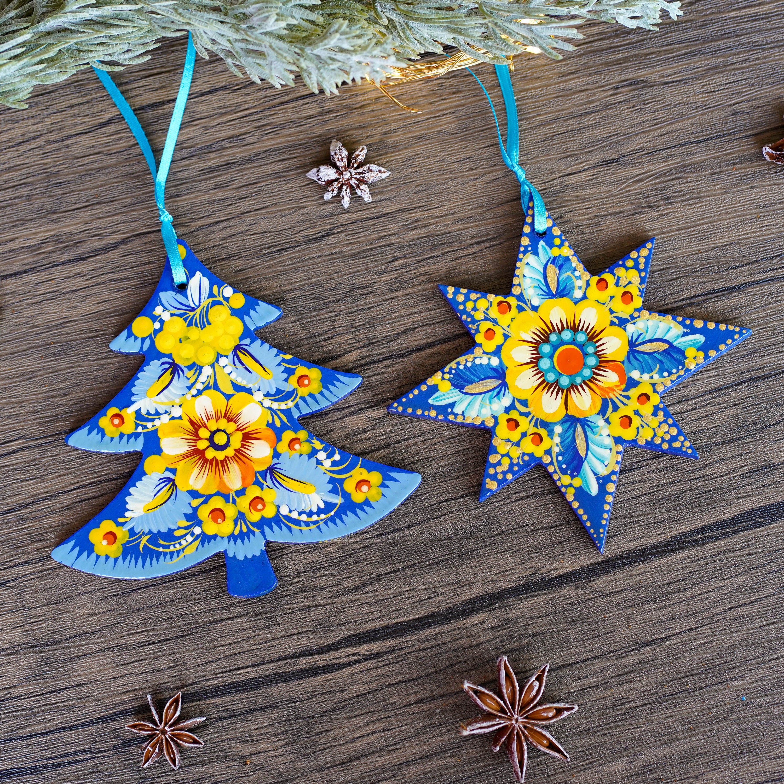 Painted Ukrainian Wooden Christmas Ornament Set - Handmade Blue & Yellow Tree and Star Petrykivka Decorations