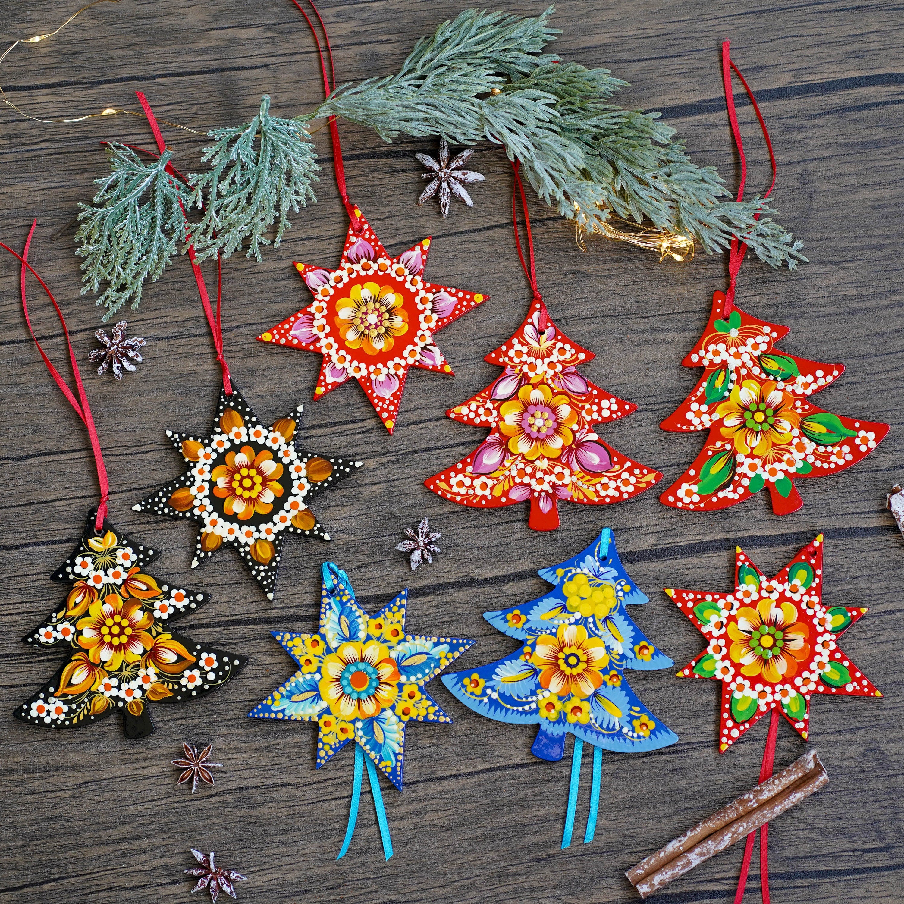 Painted Ukrainian Wooden Christmas Ornament Set - Handmade Blue & Yellow Tree and Star Petrykivka Decorations