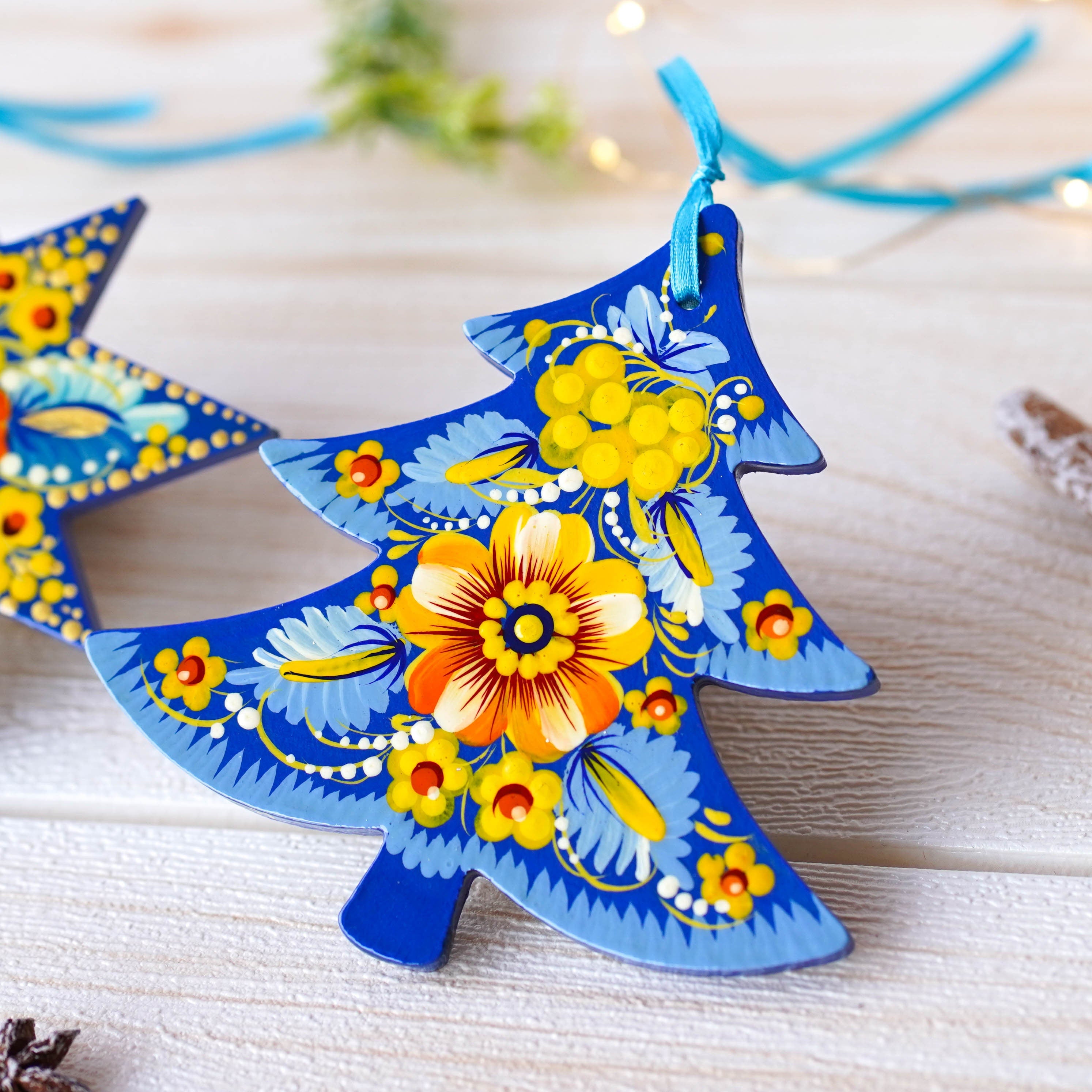 Painted Ukrainian Wooden Christmas Ornament Set - Handmade Blue & Yellow Tree and Star Petrykivka Decorations