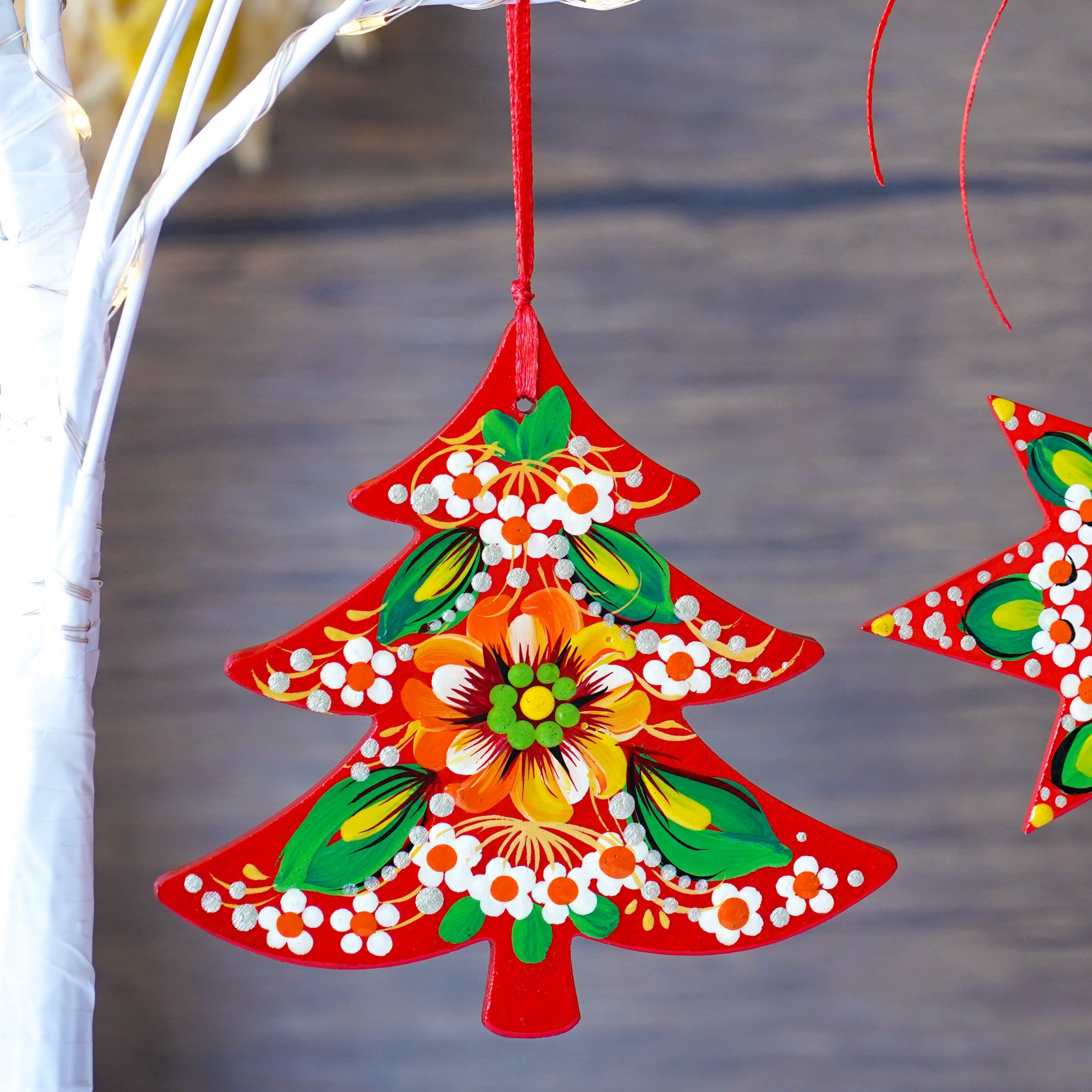 Painted Ukrainian Wooden Christmas Ornament Set - Handmade Red & Green Tree and Star Petrykivka Decorations