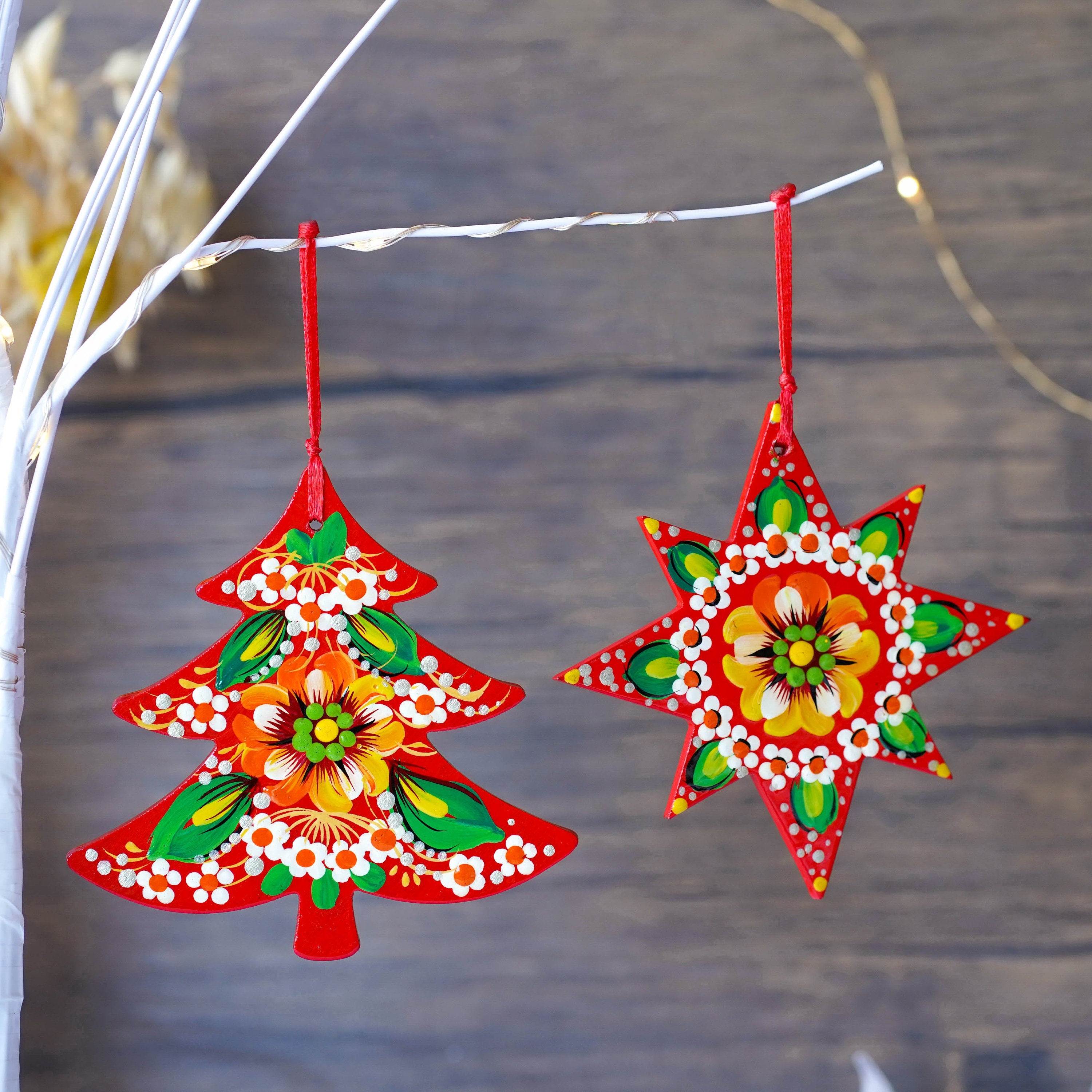 Painted Ukrainian Wooden Christmas Ornament Set - Handmade Red & Green Tree and Star Petrykivka Decorations