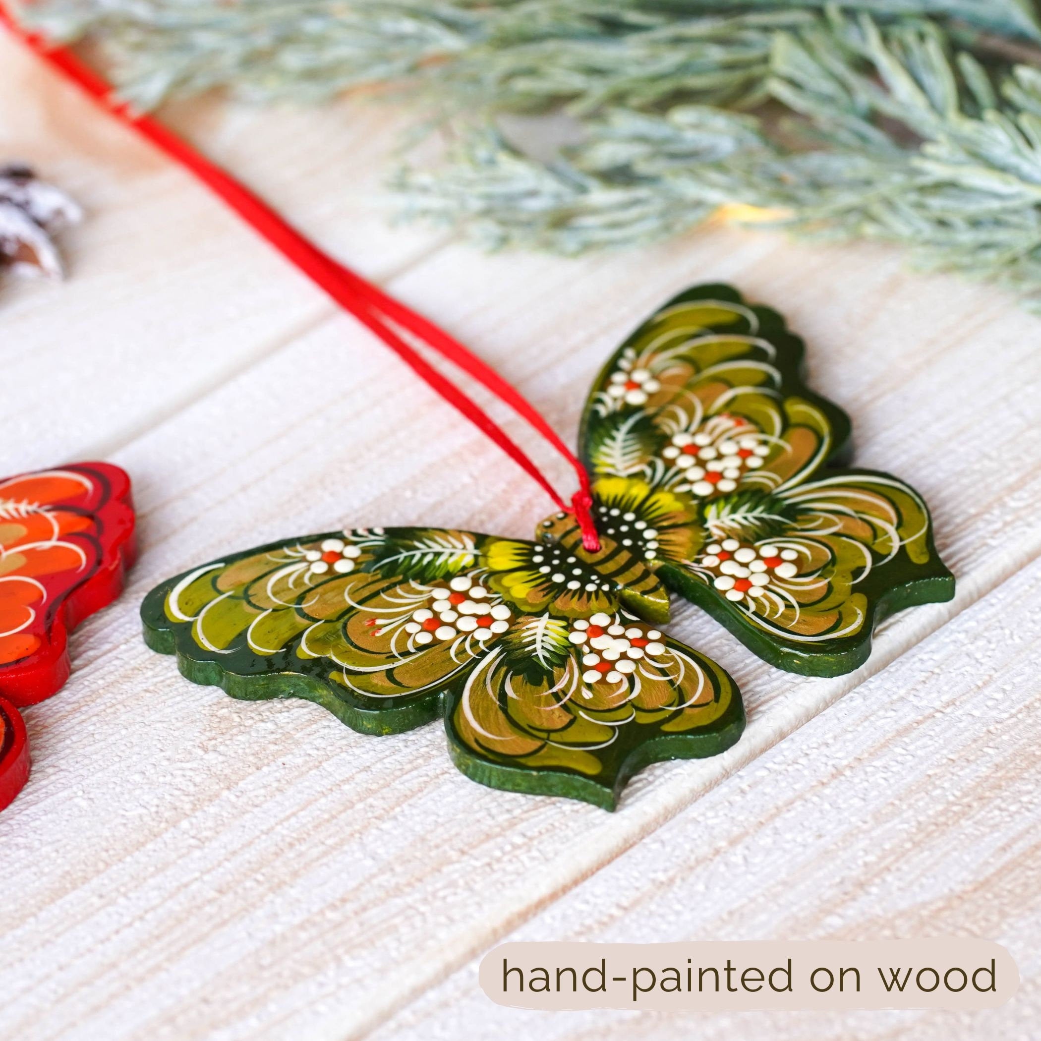 Set of 2 Hand-Painted Wooden Butterfly Christmas Ornaments - Red & Green Tree Decorations with Ukrainian Petrykivka Art