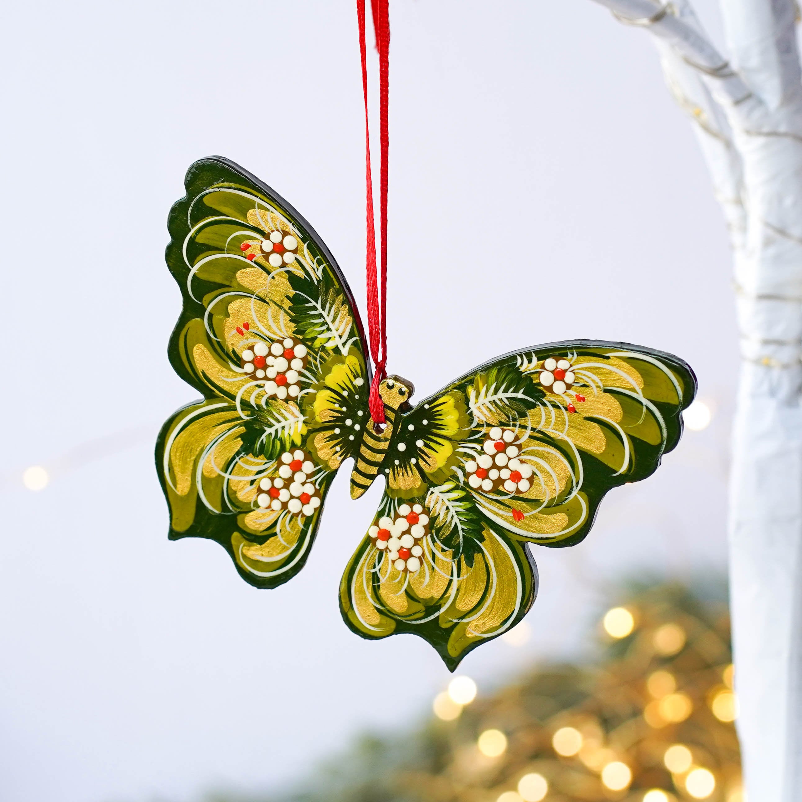 Set of 2 Hand-Painted Wooden Butterfly Christmas Ornaments - Red & Green Tree Decorations with Ukrainian Petrykivka Art