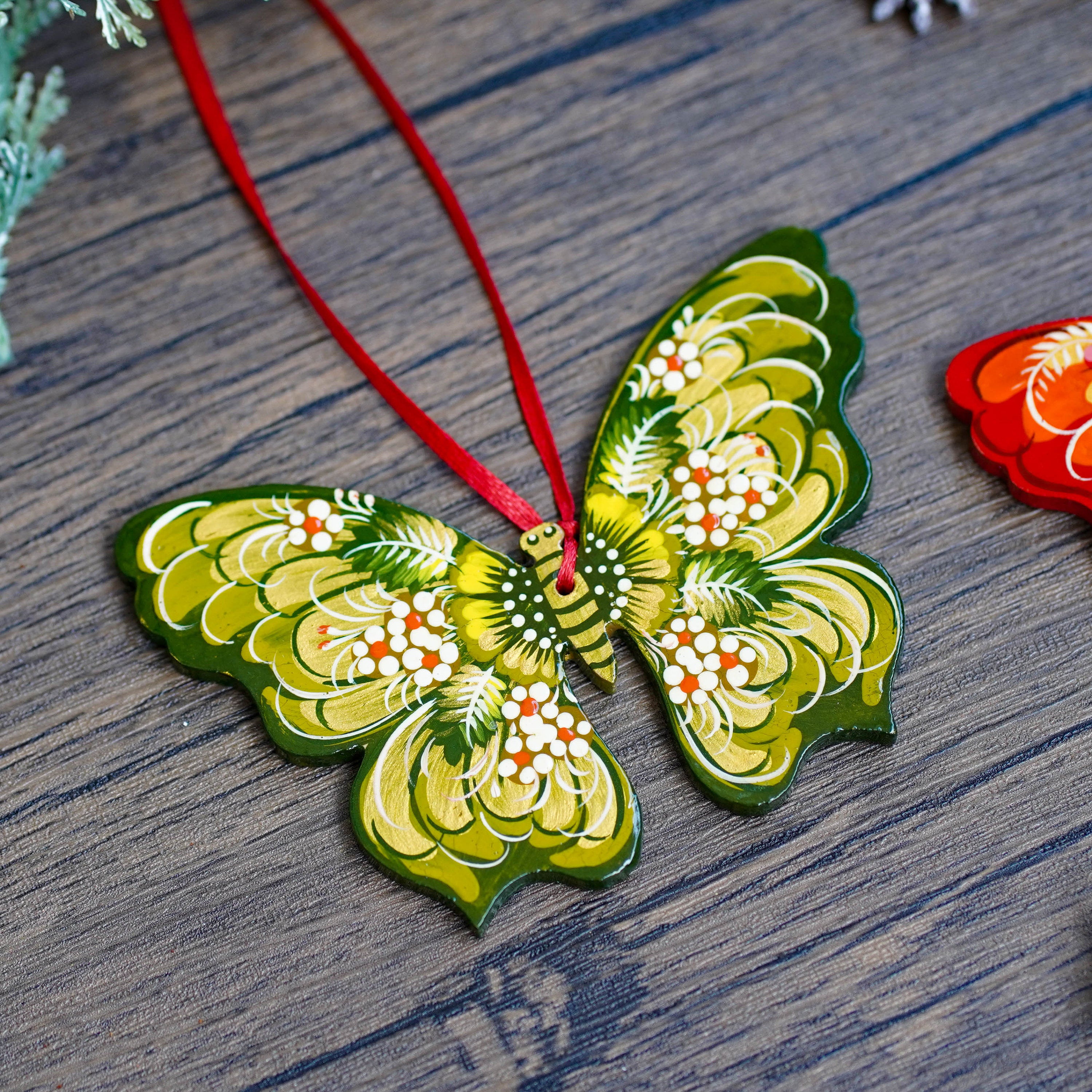 Set of 2 Hand-Painted Wooden Butterfly Christmas Ornaments - Red & Green Tree Decorations with Ukrainian Petrykivka Art