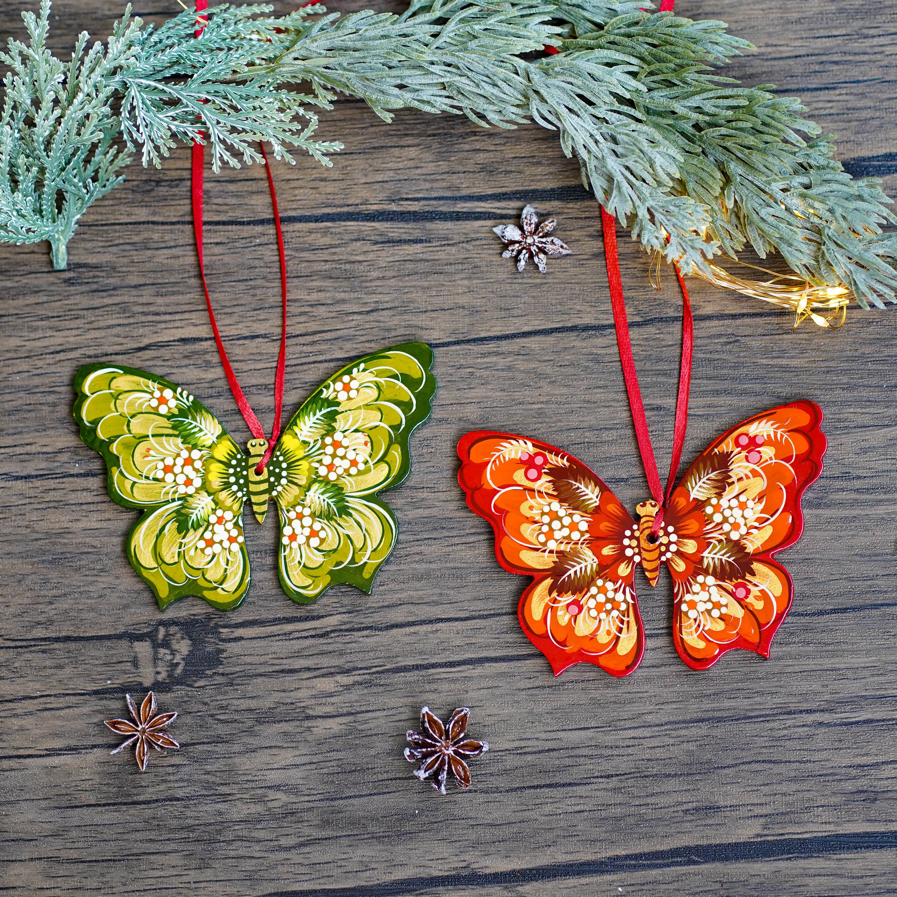 Set of 2 Hand-Painted Wooden Butterfly Christmas Ornaments - Red & Green Tree Decorations with Ukrainian Petrykivka Art