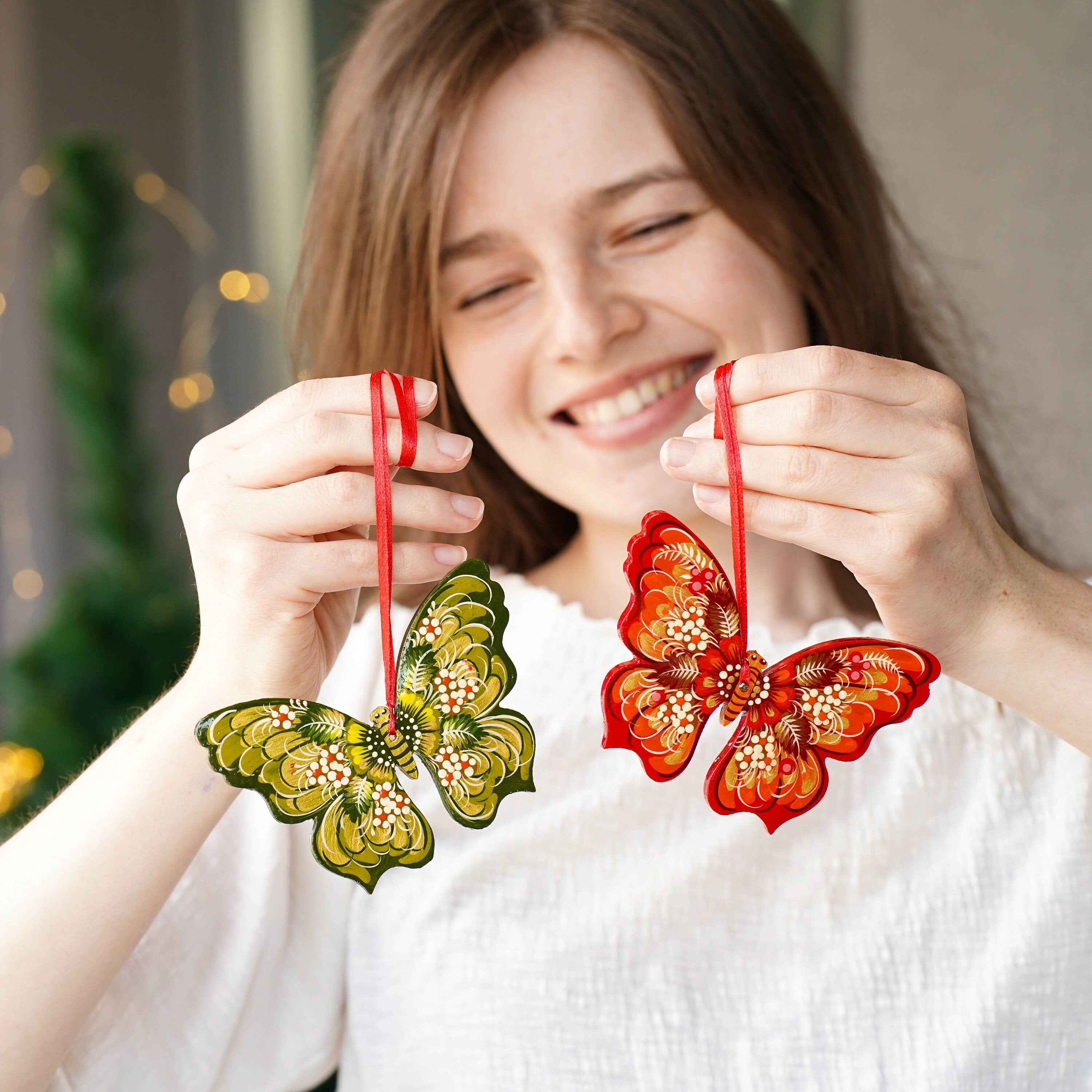 Set of 2 Hand-Painted Wooden Butterfly Christmas Ornaments - Red & Green Tree Decorations with Ukrainian Petrykivka Art