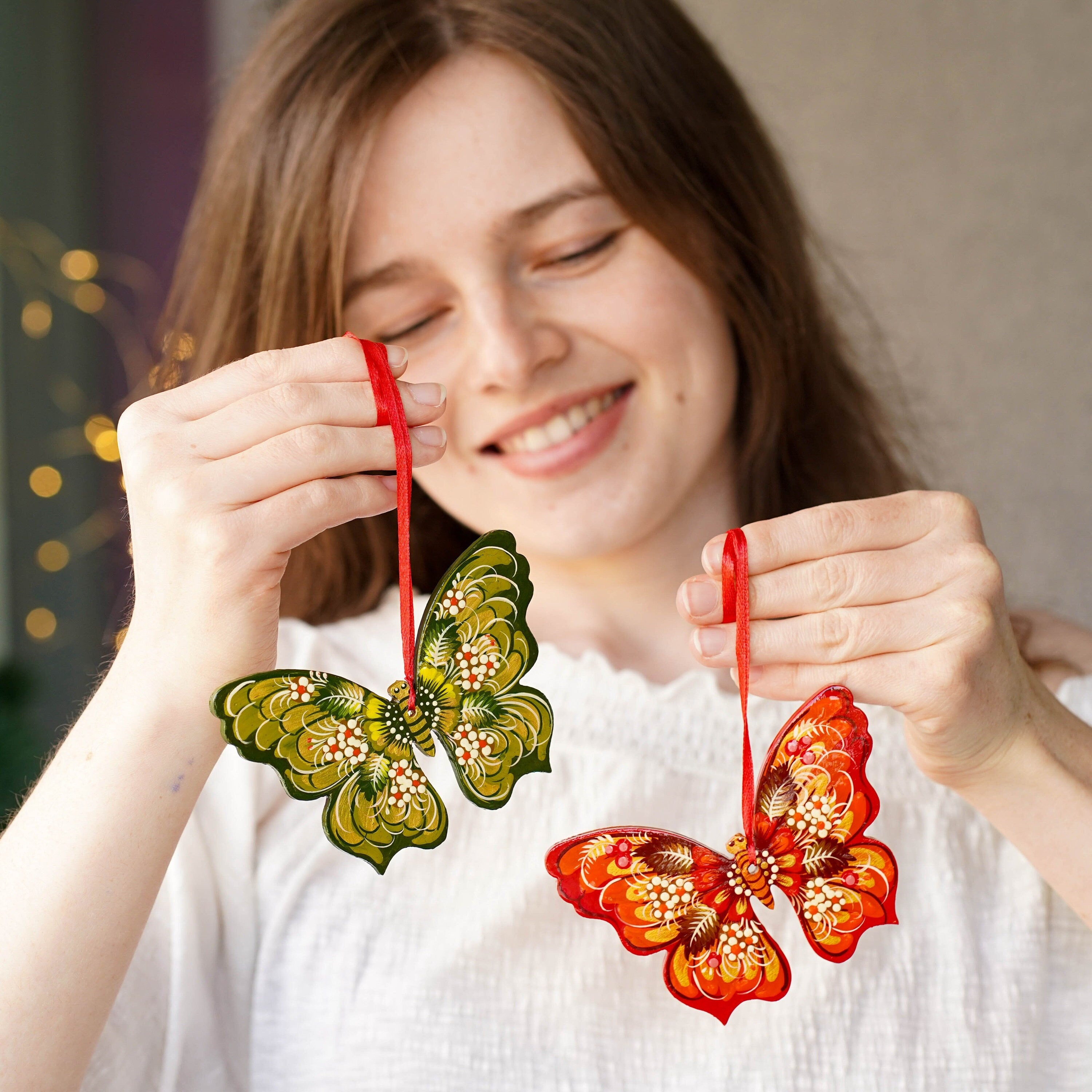 Set of 2 Hand-Painted Wooden Butterfly Christmas Ornaments - Red & Green Tree Decorations with Ukrainian Petrykivka Art