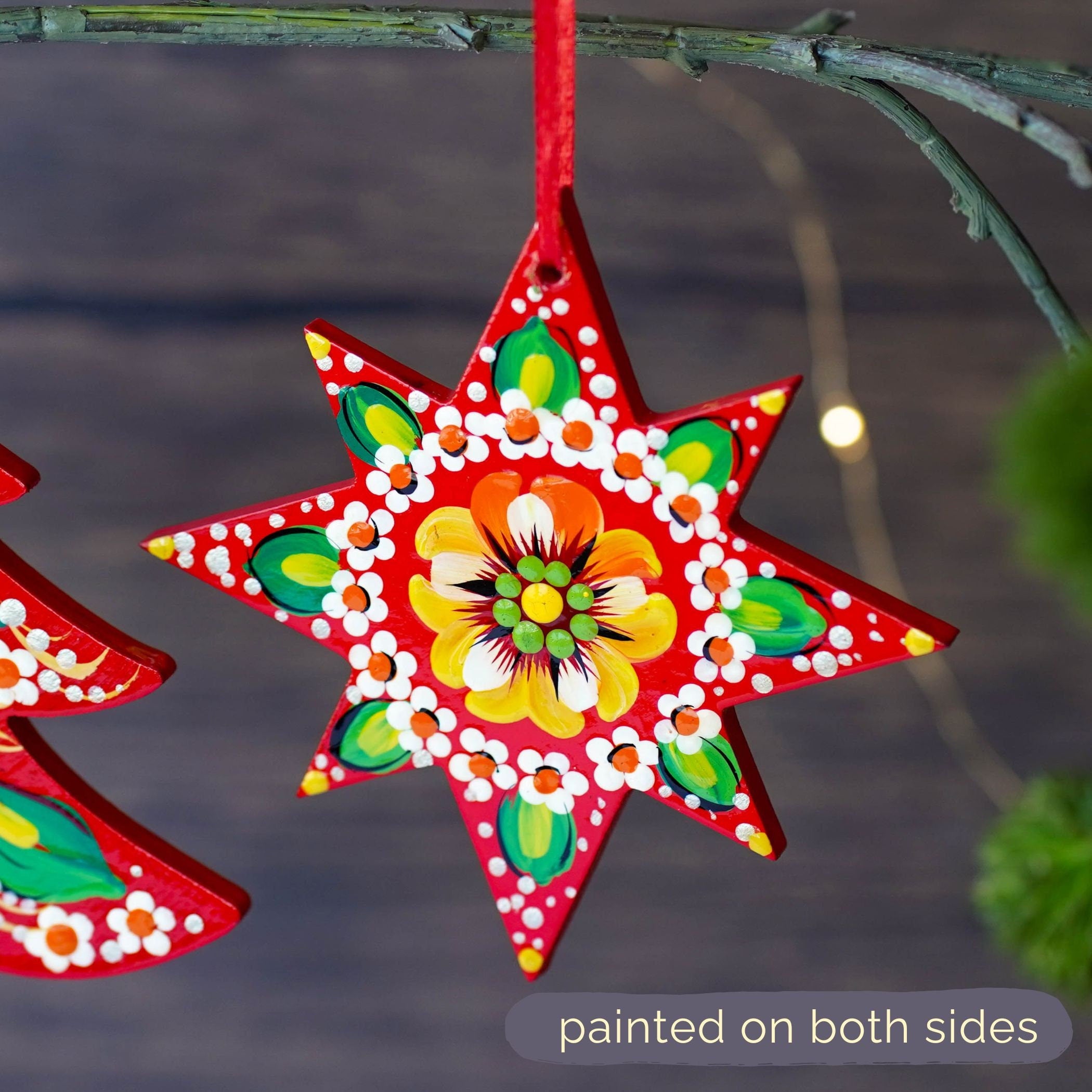 Set of 8 Painted Wooden Christmas Ornaments with Personalization option - Handmade Ukrainian Trees & Stars Decorations with Petrykivka Art