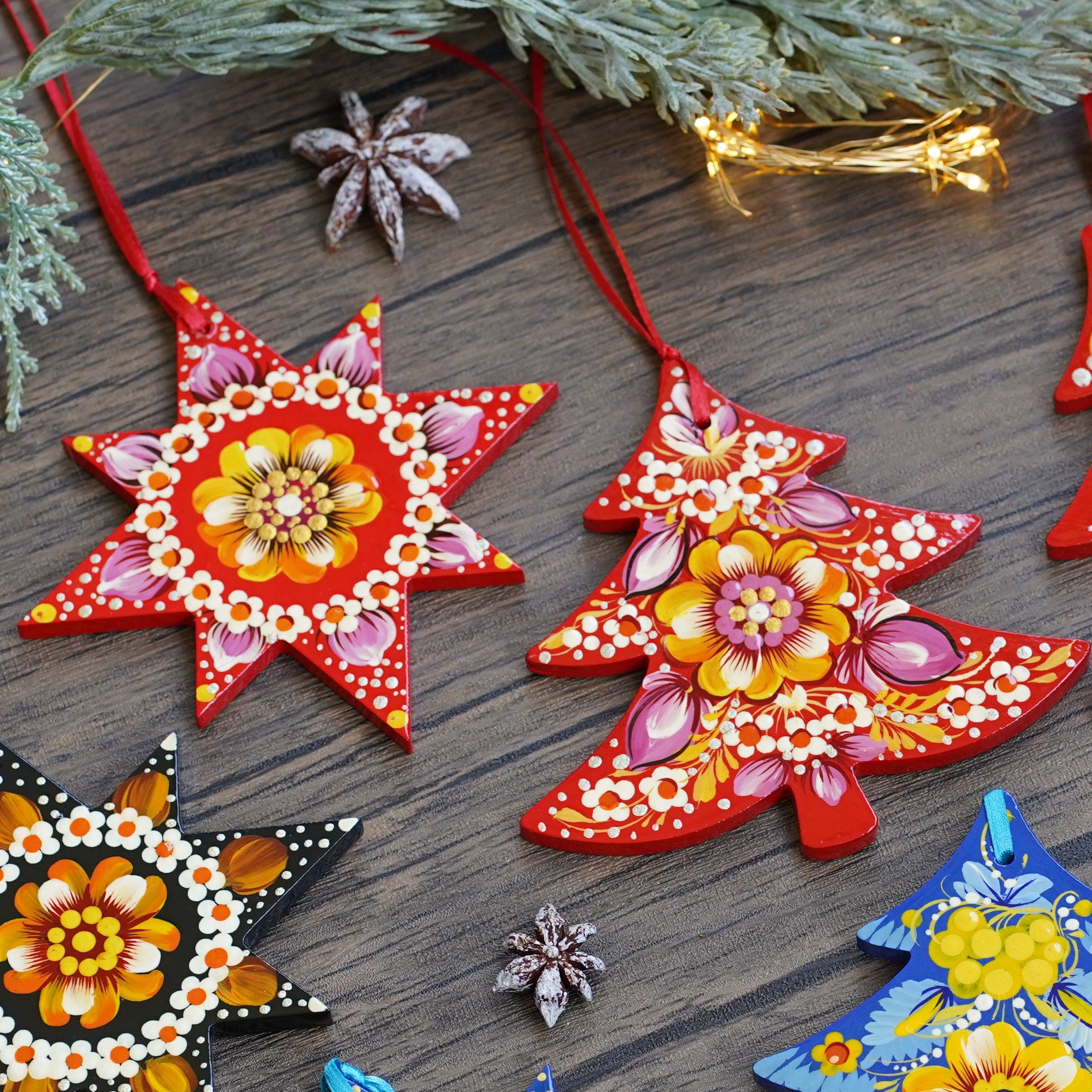 Set of 8 Painted Wooden Christmas Ornaments with Personalization option - Handmade Ukrainian Trees & Stars Decorations with Petrykivka Art